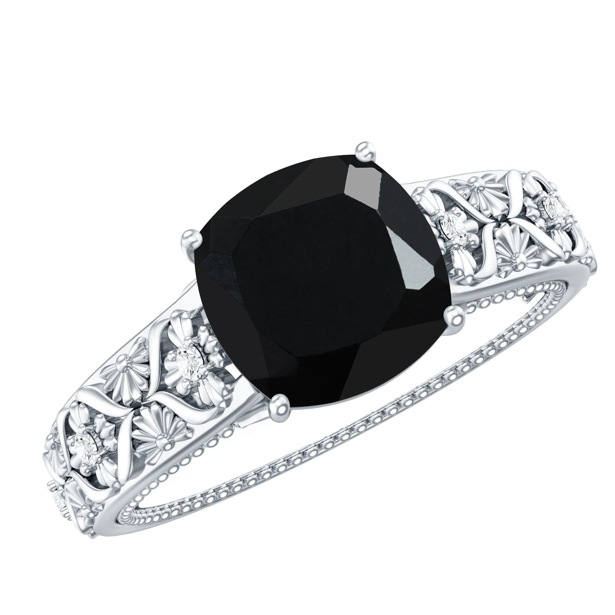 Genuine 2 Carat Black Spinel Vintage Engagement Ring with Diamond AAA - Rosec Jewels