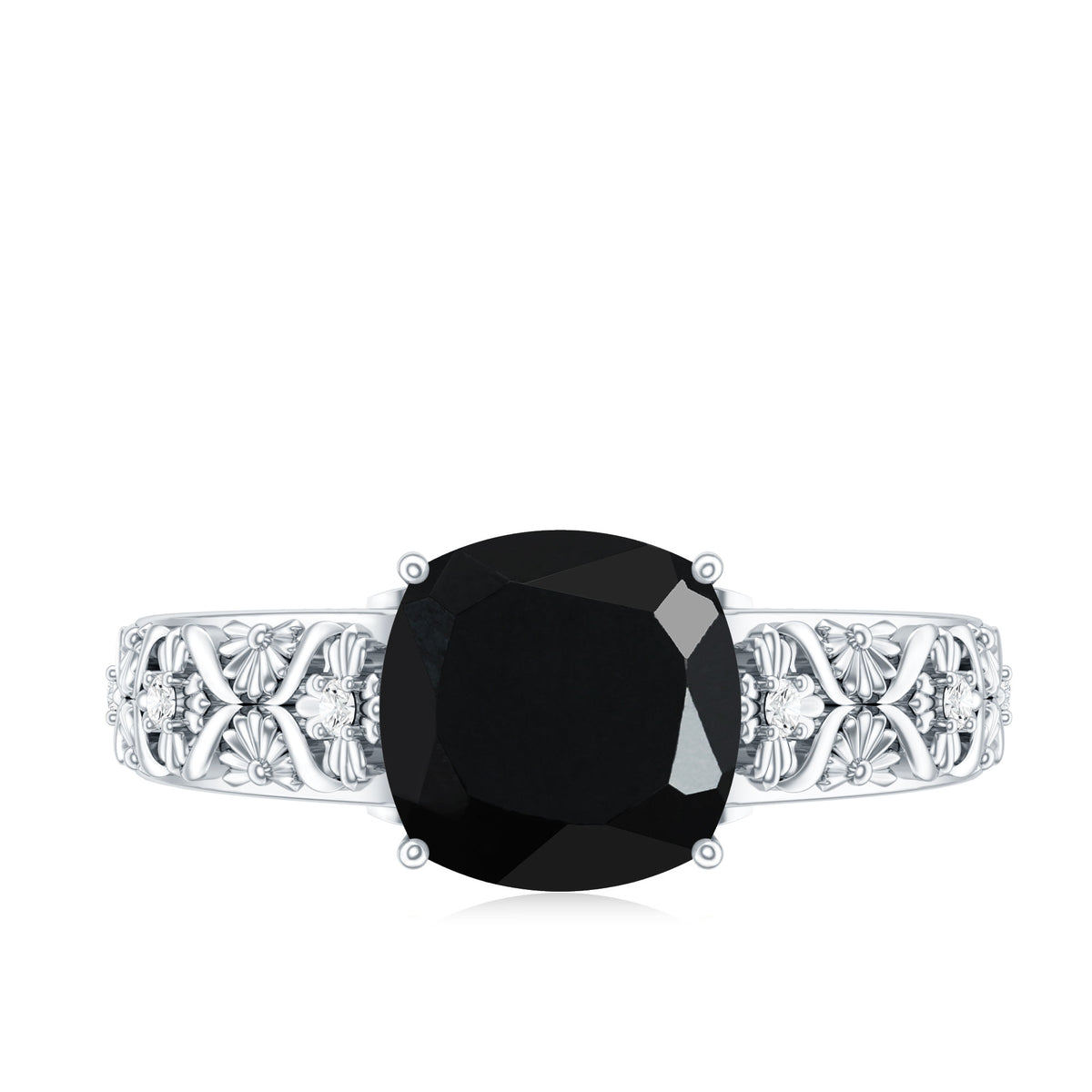 Genuine 2 Carat Black Spinel Vintage Engagement Ring with Diamond AAA - Rosec Jewels