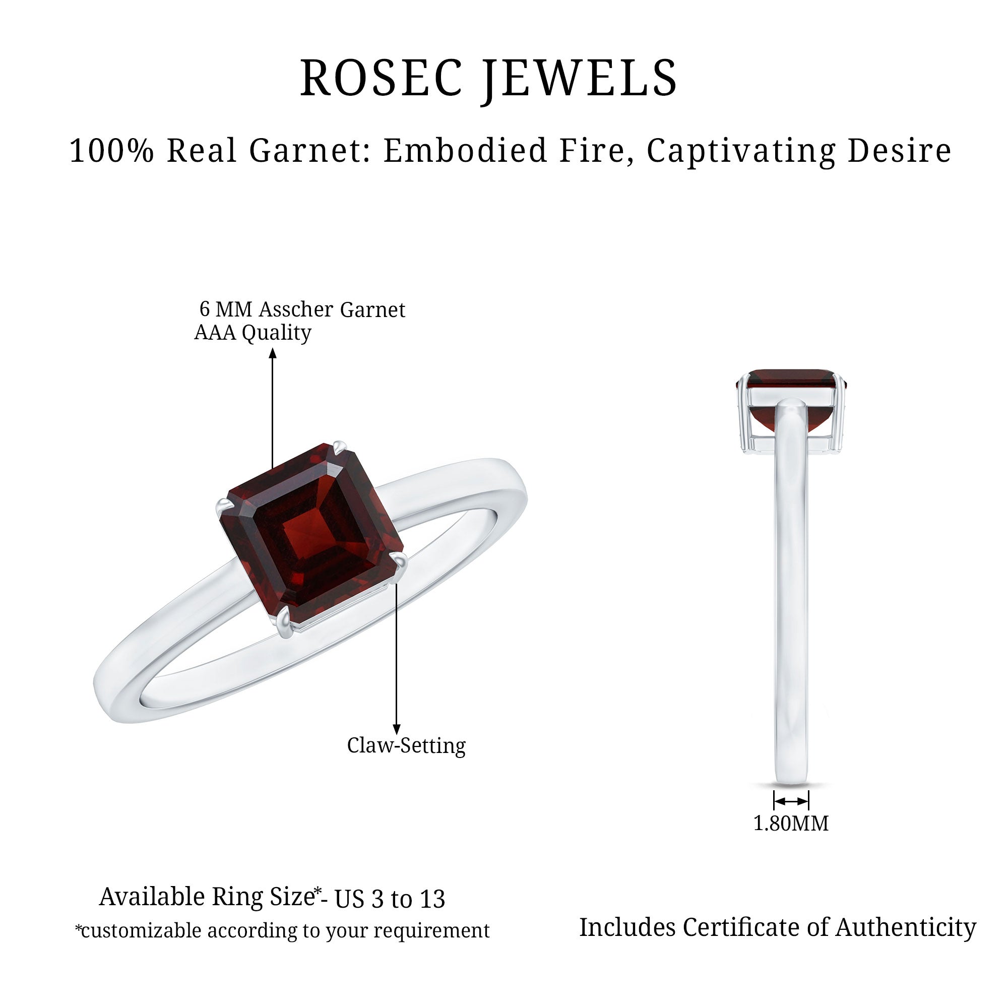 Rosec Jewels-Real 8mm Garnet Asscher Cut Engagement Ring with Certificate