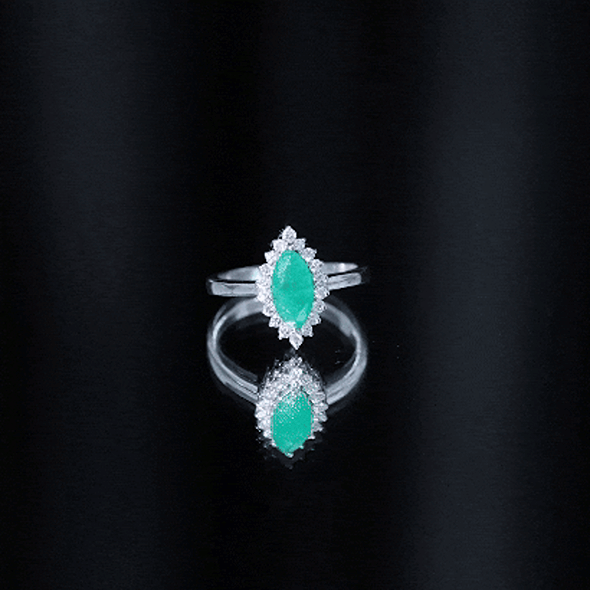 Elongated Marquise Cut Emerald Engagement Ring with Diamond Halo AAA - Rosec Jewels