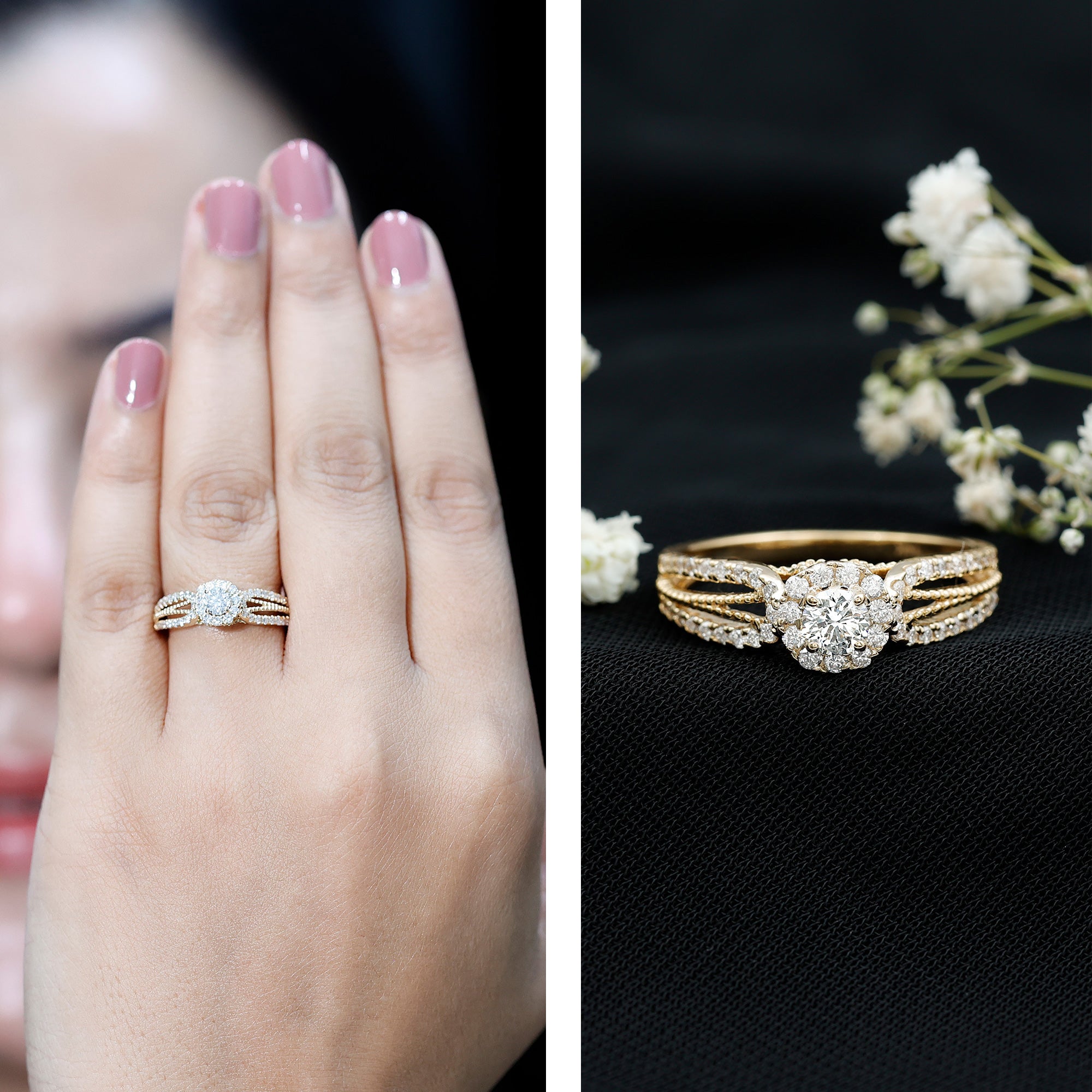 Real Diamond Designer Engagement Ring in Split Shank Natural - ( HI-SI ) - Rosec Jewels