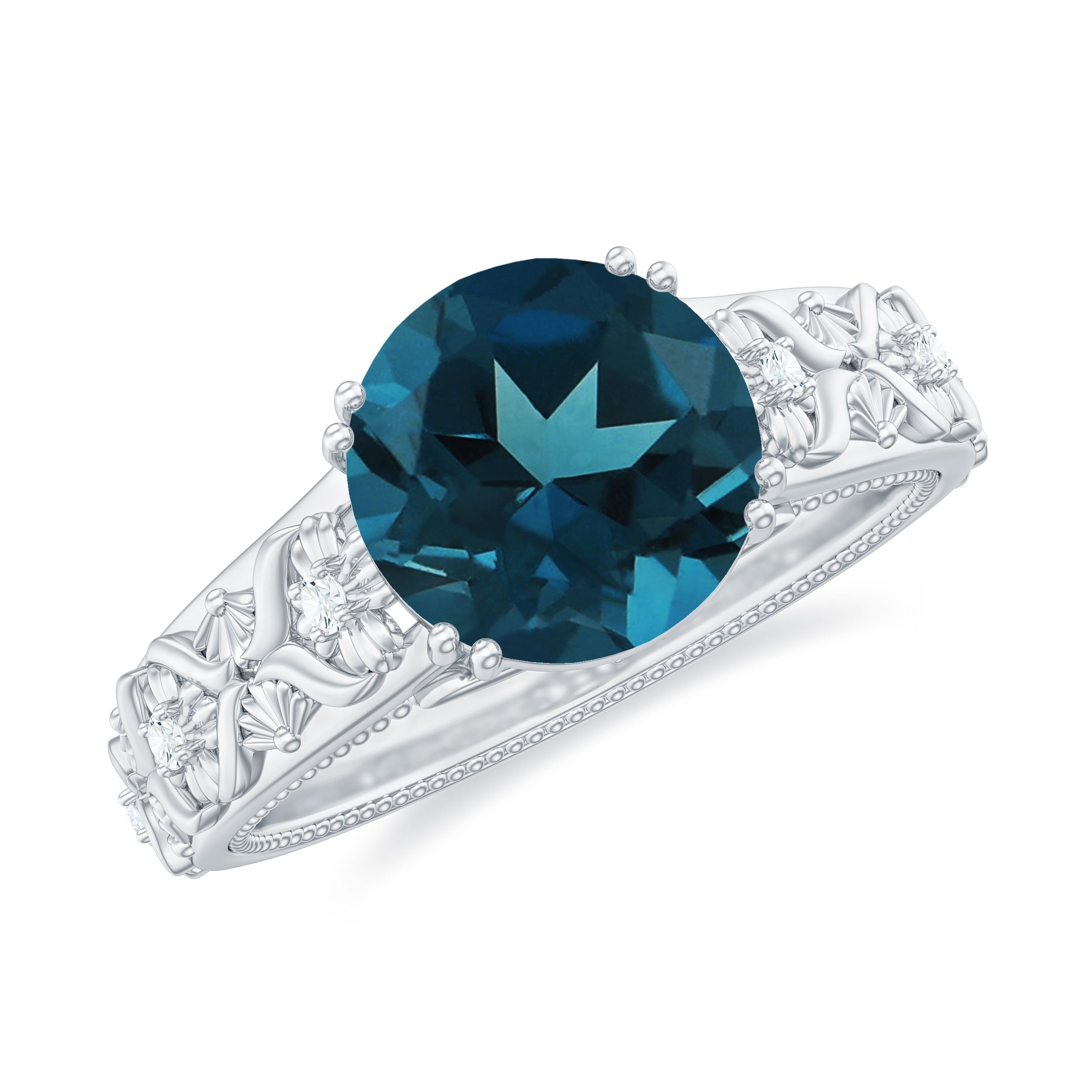 8mm Round London Blue Topaz Vintage Engagement Ring with Certificate AAA - Rosec Jewels