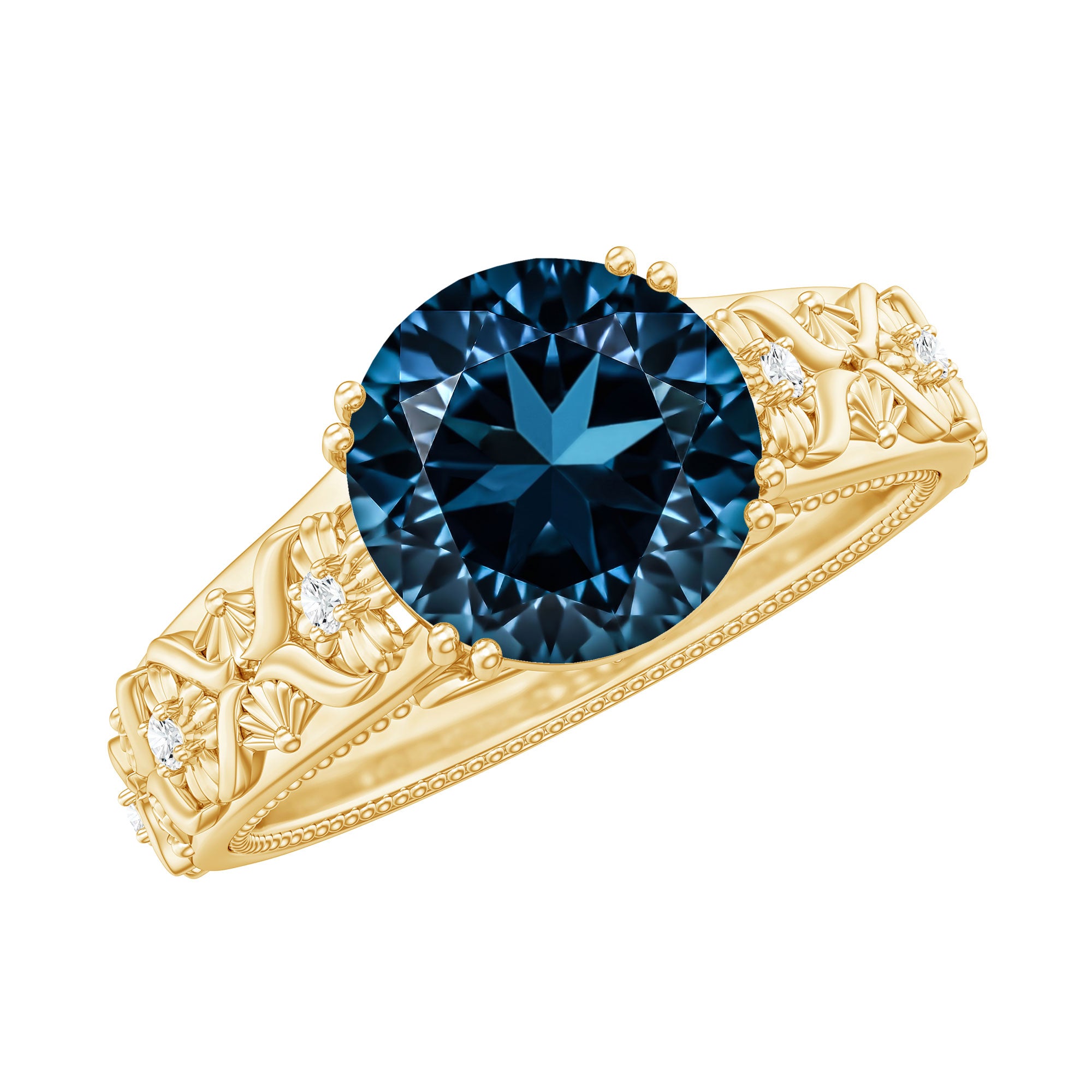 2 Carat Round London Blue Topaz Vintage Engagement Ring with Certificate AAA - Rosec Jewels