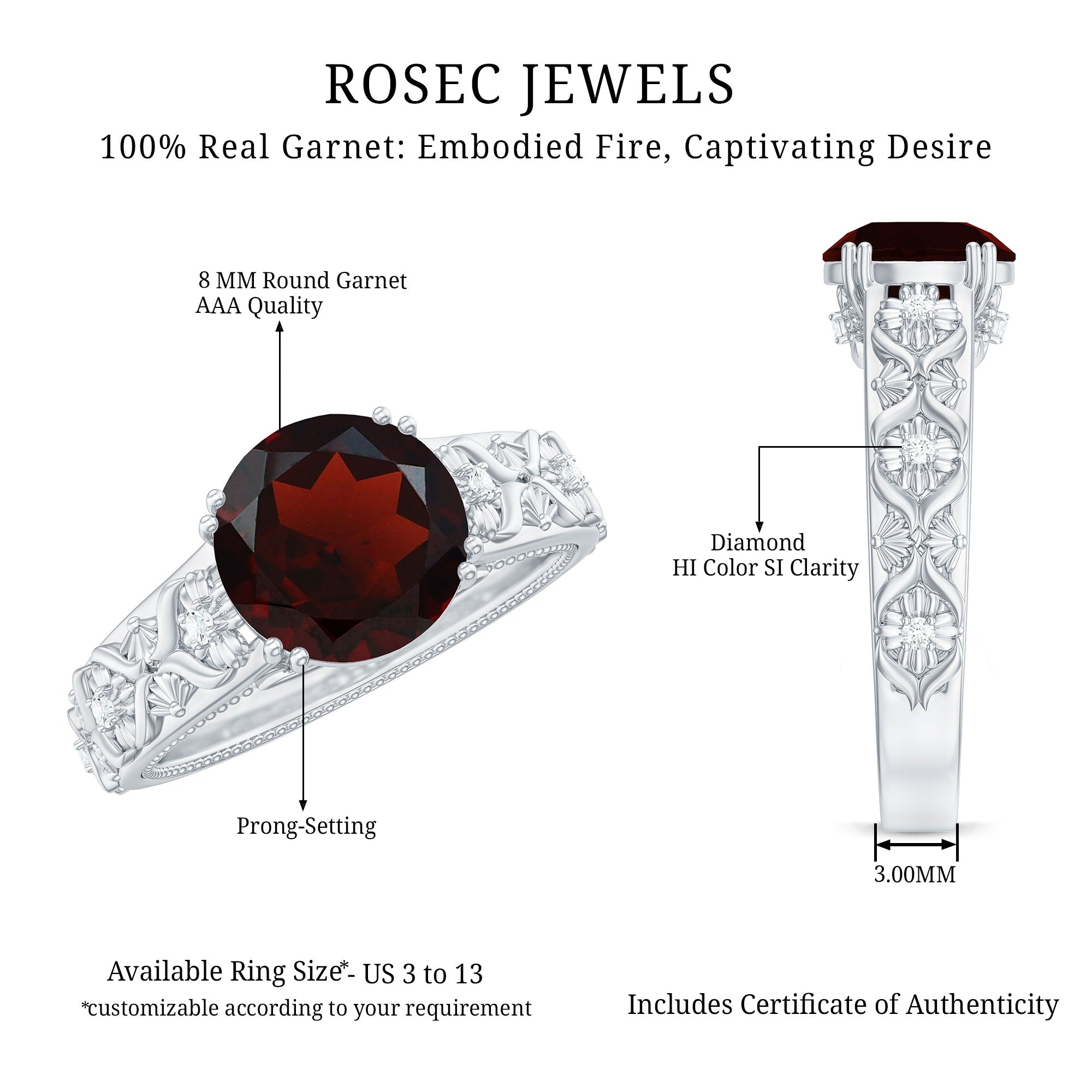 Rosec Jewels-Vintage Looking Garnet Diamond Engagement Ring