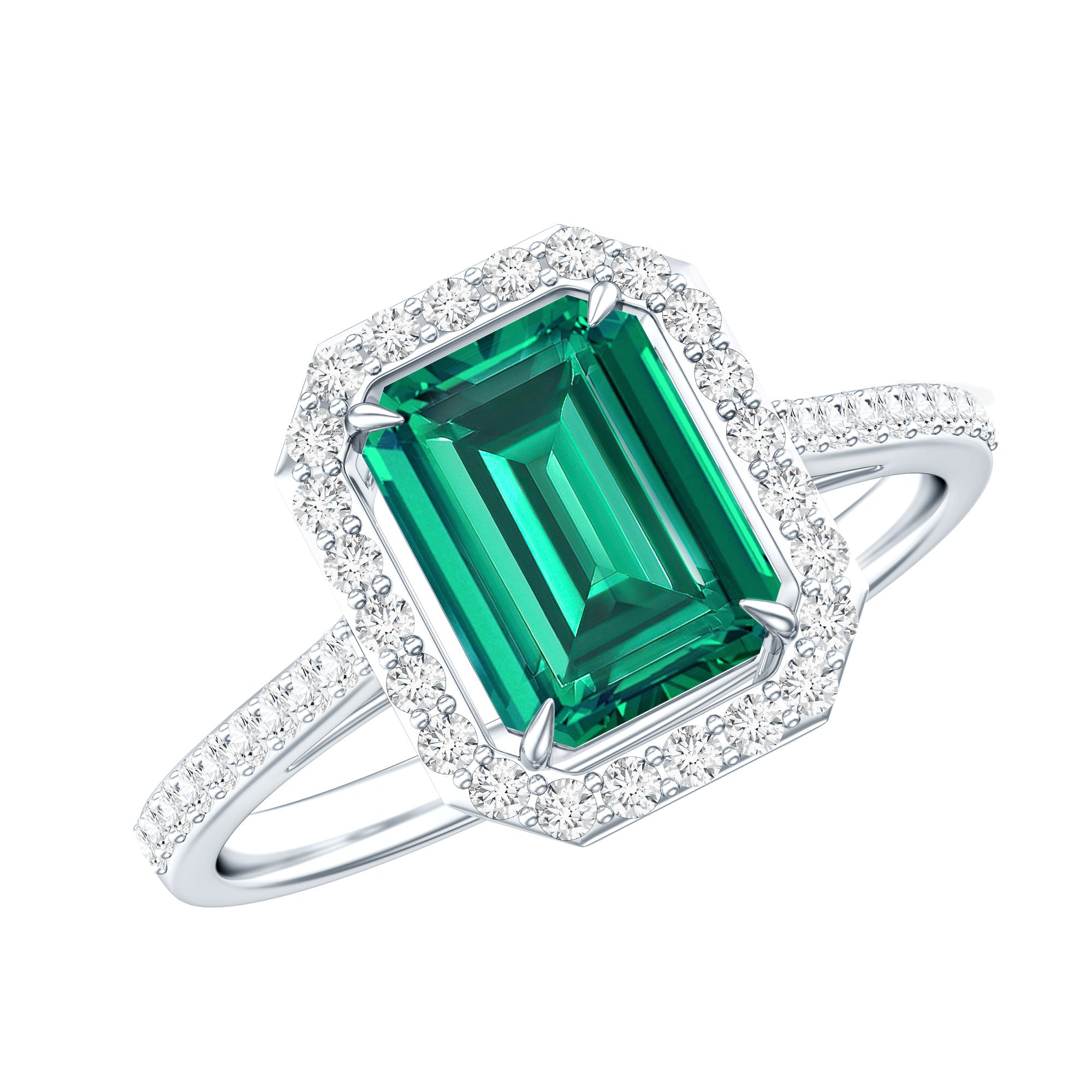 1.6 Carat Emerald Cut Lab Created Emerald Engagement Ring With Moissanite Halo AAAA - Rosec Jewels