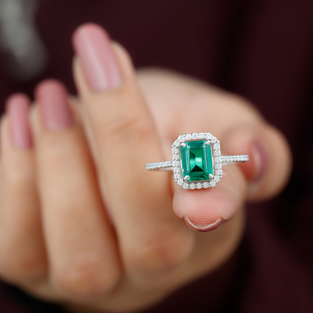 6X8 MM Lab Created Emerald Halo Engagement Ring With Moissanite Lab Created Emerald - ( AAAA ) - Quality - Rosec Jewels