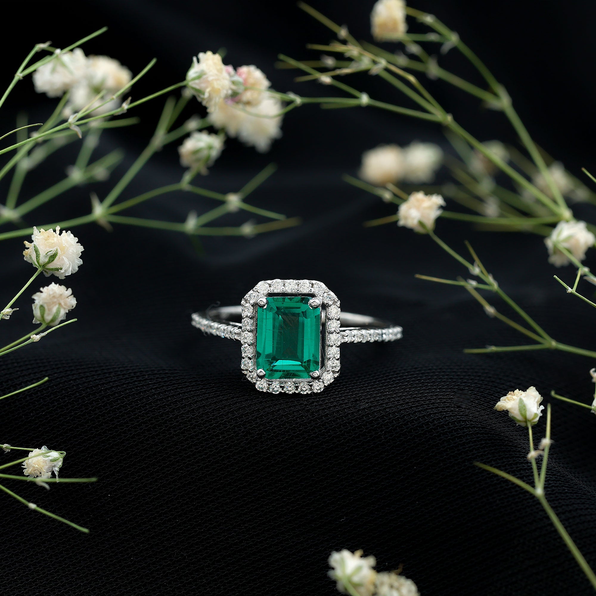 1.6 Carat Emerald Cut Lab Created Emerald Engagement Ring With Moissanite Halo AAAA - Rosec Jewels