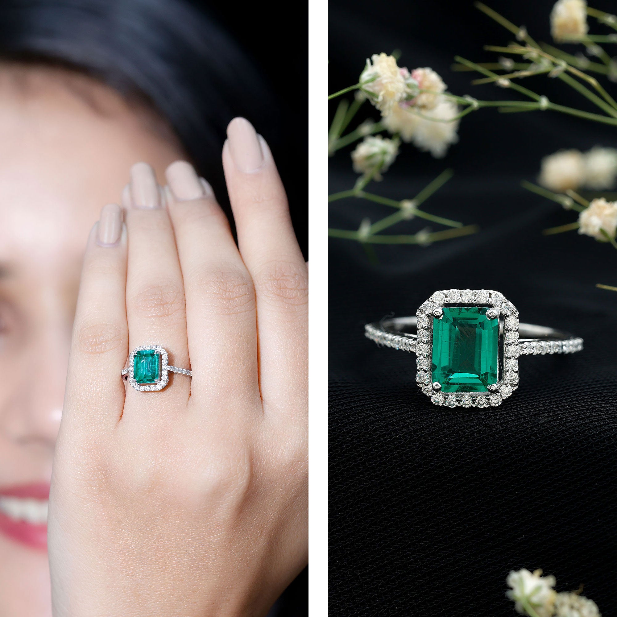 1.6 Carat Emerald Cut Lab Created Emerald Engagement Ring With Moissanite Halo AAAA - Rosec Jewels
