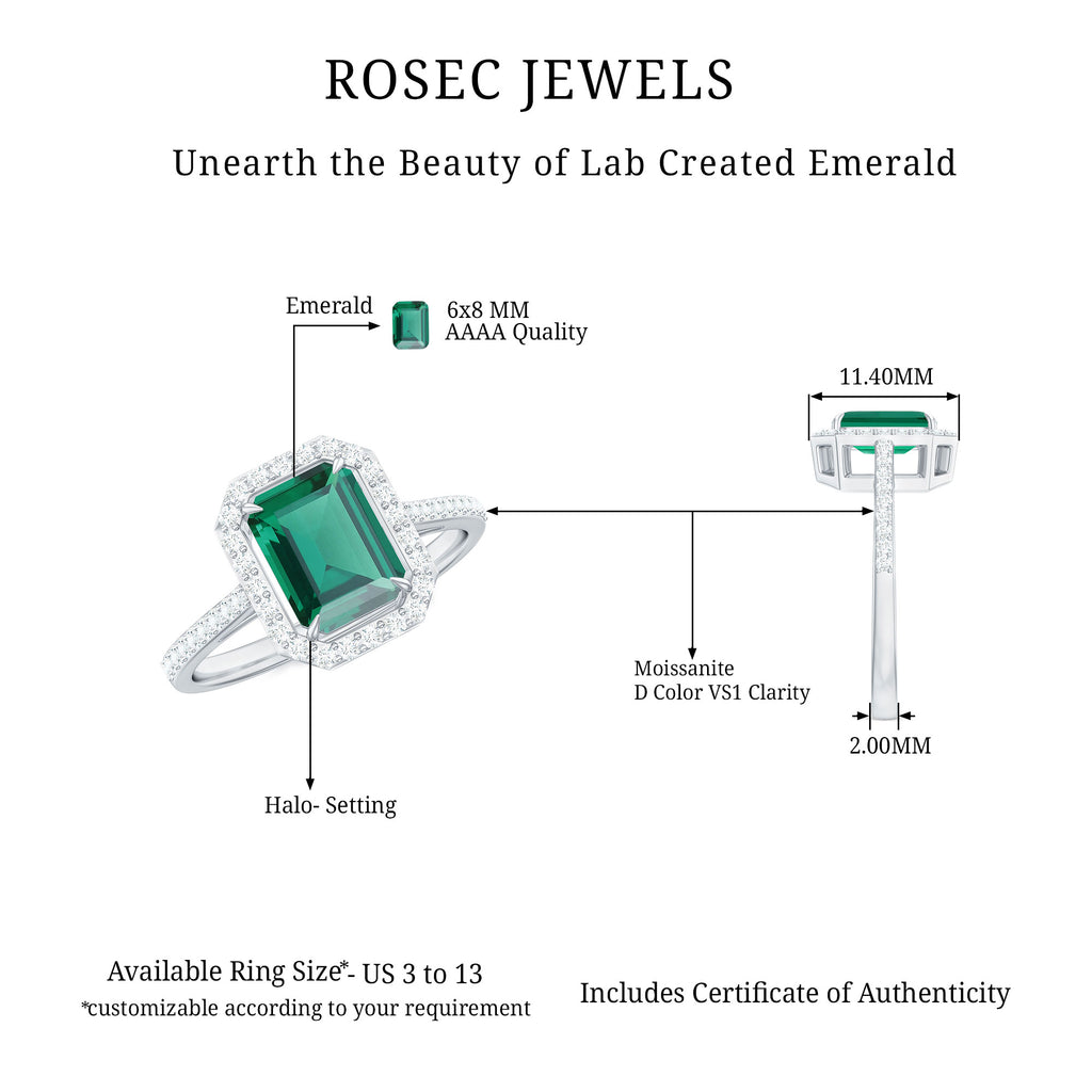 6X8 MM Lab Created Emerald Halo Engagement Ring With Moissanite Lab Created Emerald - ( AAAA ) - Quality - Rosec Jewels