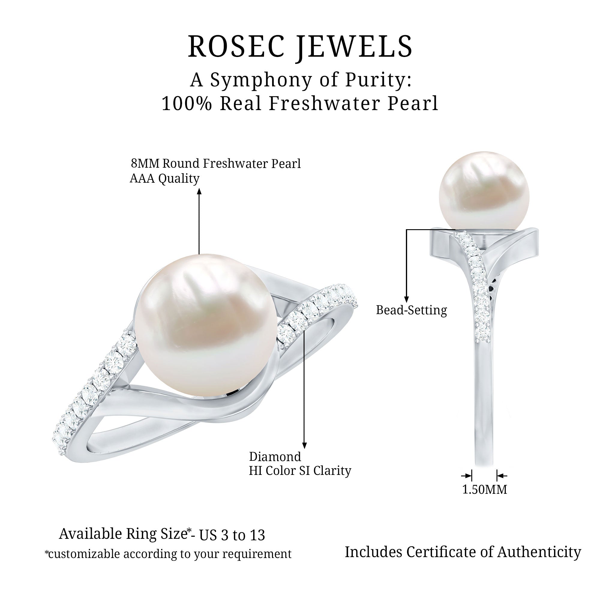 Rosec Jewels-Cultured 7.4 Carat Freshwater Pearl Engagement Ring with Diamond Split Shank