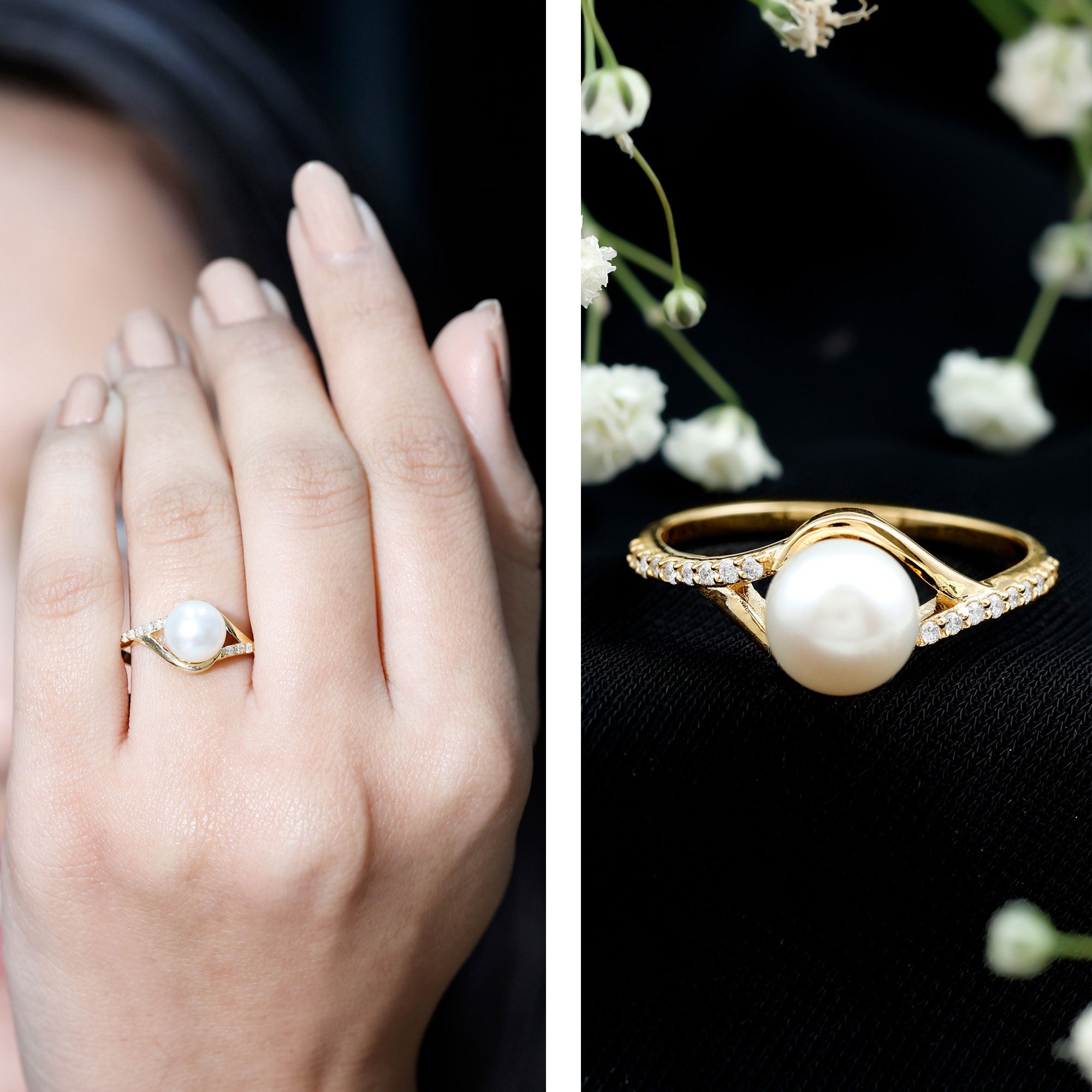 Rosec Jewels-Cultured 7.4 Carat Freshwater Pearl Engagement Ring with Diamond Split Shank