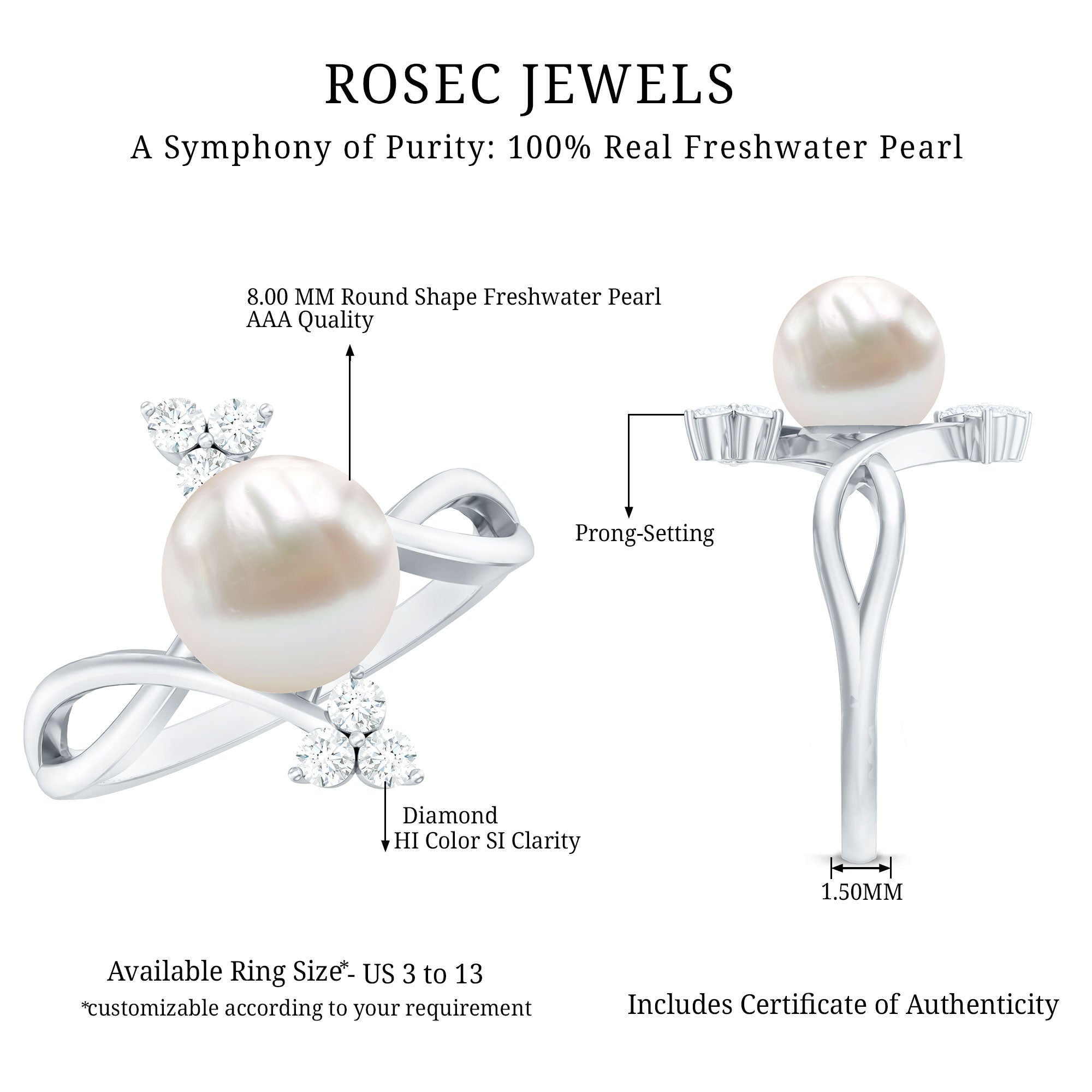 Rosec Jewels-Cultured 7.48 Carat White Pearl Bypass Engagement Ring with Diamond