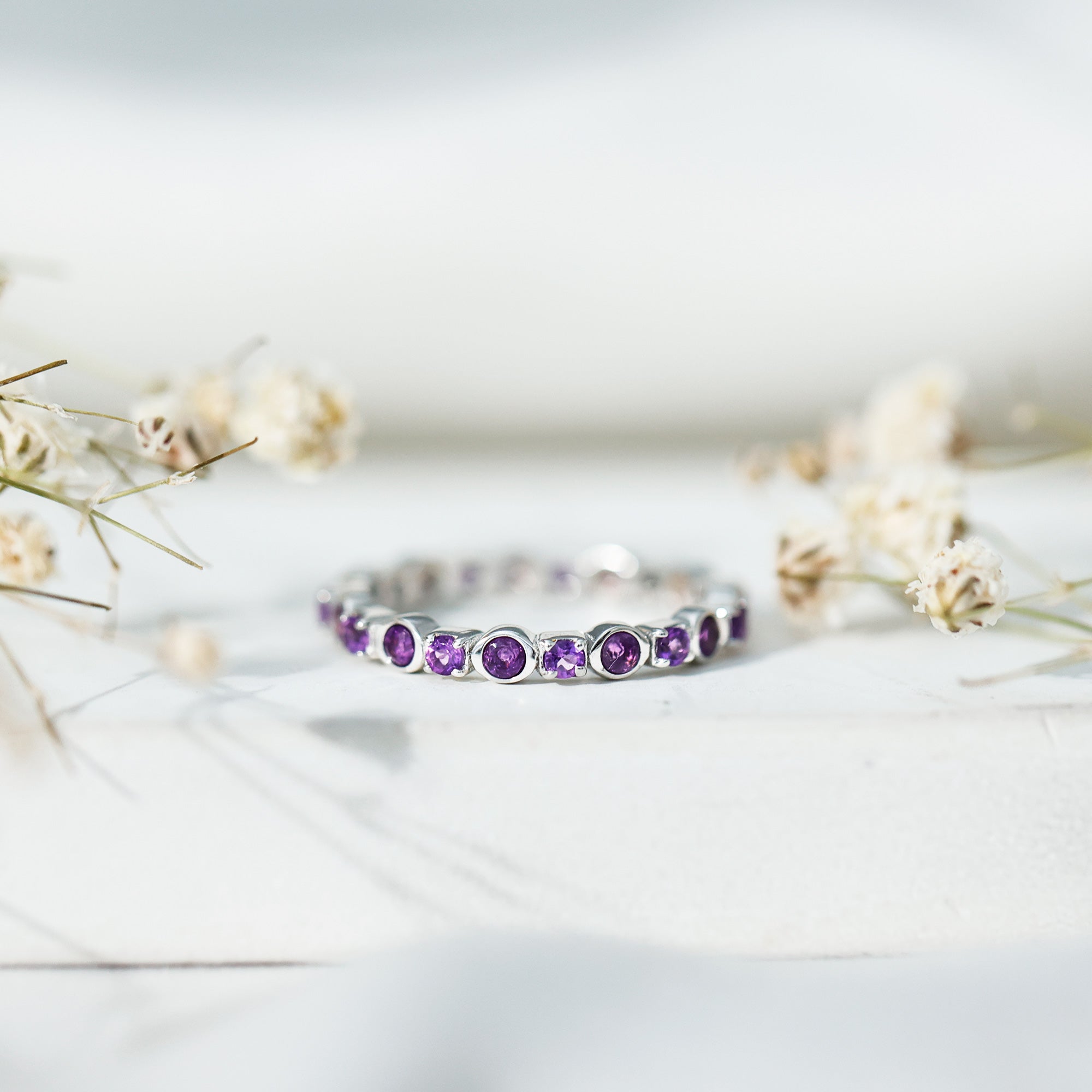 Rosec Jewels-Natural Amethyst Eternity Wedding Band in Gold Plated Silver