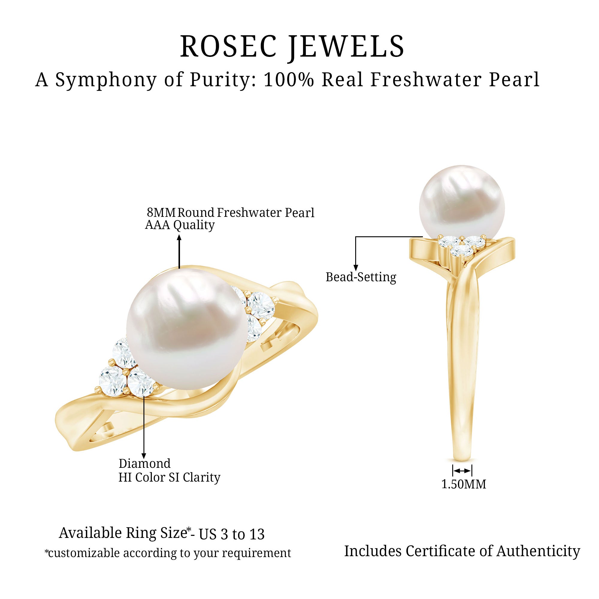 Rosec Jewels-Natural 7.4 Carat Freshwater Pearl Engagement Ring with Diamond Trio