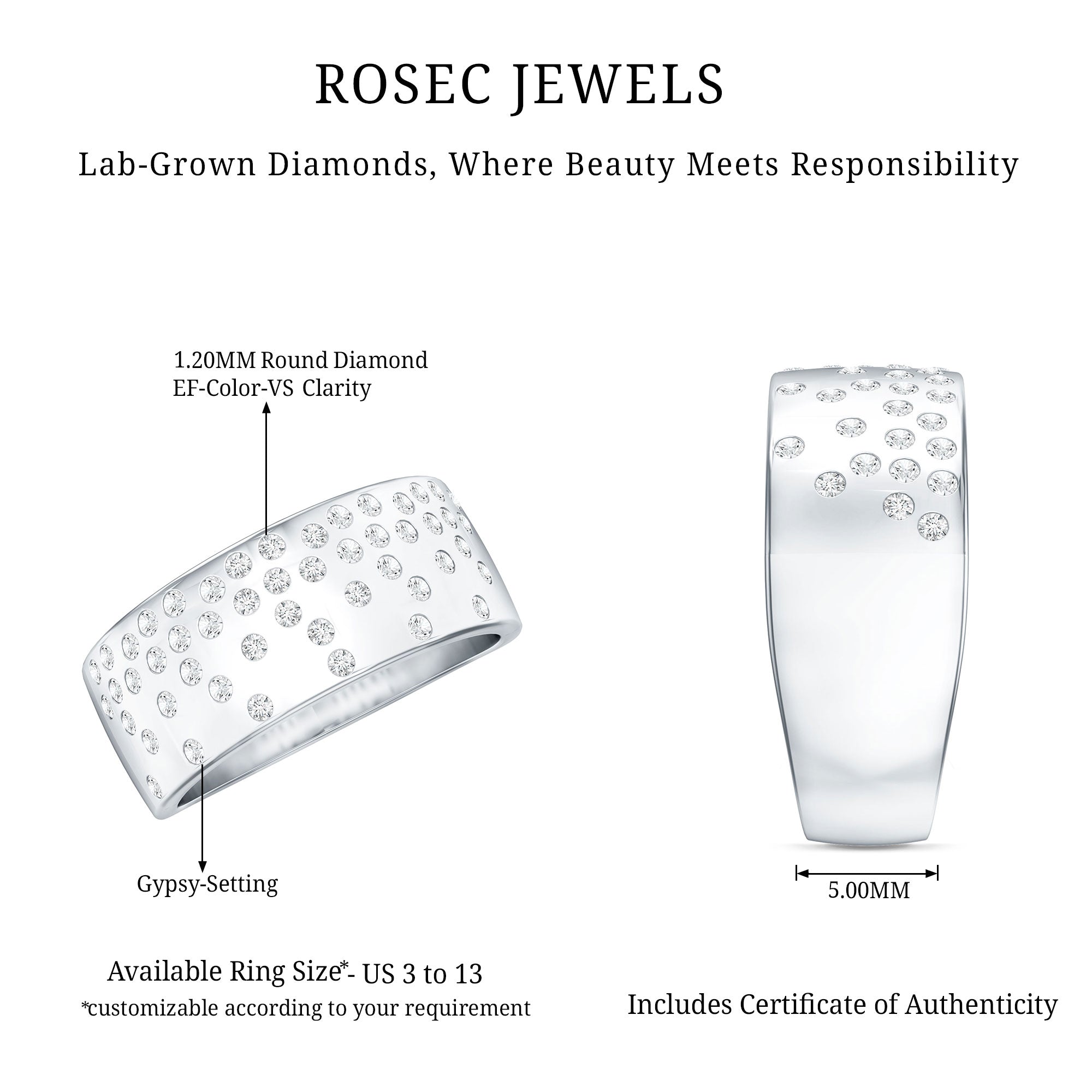 Lab Grown Diamond Wide Wedding Band With Certificate Lab - ( EF-VS ) - Rosec Jewels