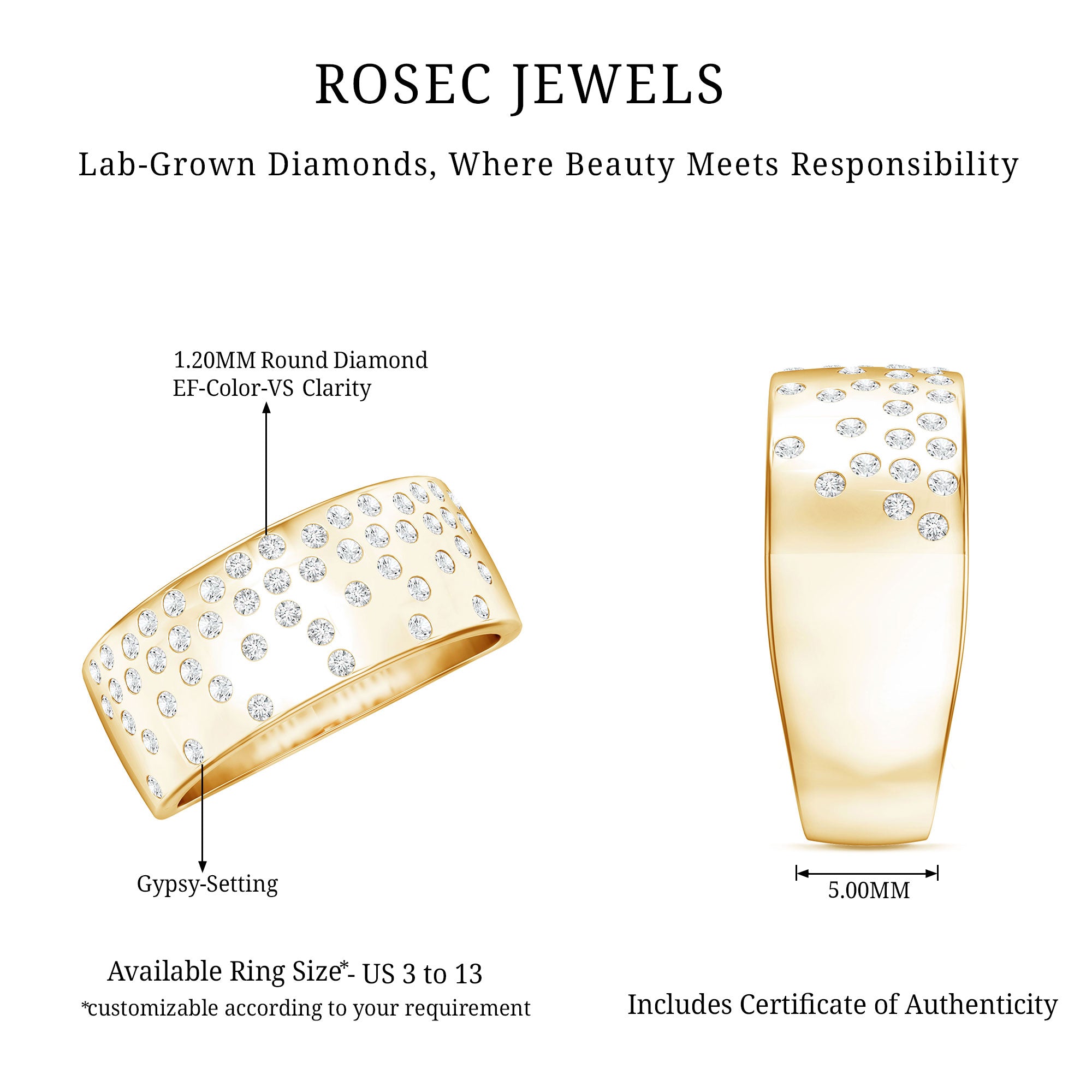 Lab Grown Diamond Wide Wedding Band With Certificate Lab - ( EF-VS ) - Rosec Jewels