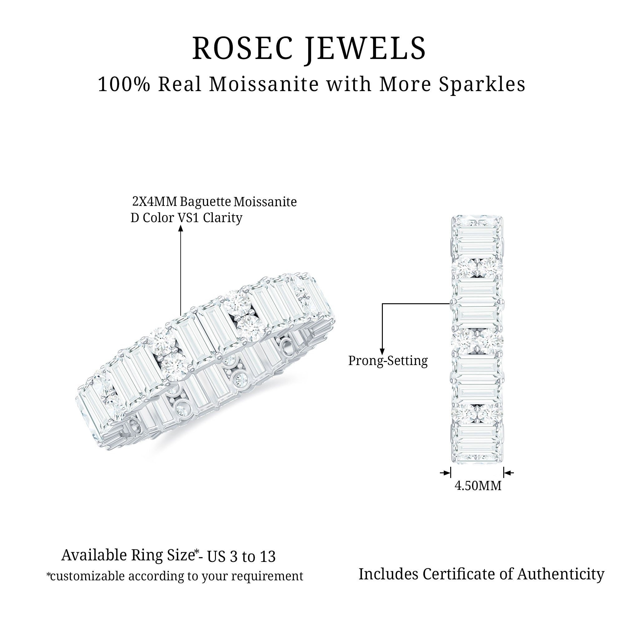 Rosec Jewels-Round and Baguette Cut Moissanite Eternity Wedding Band
