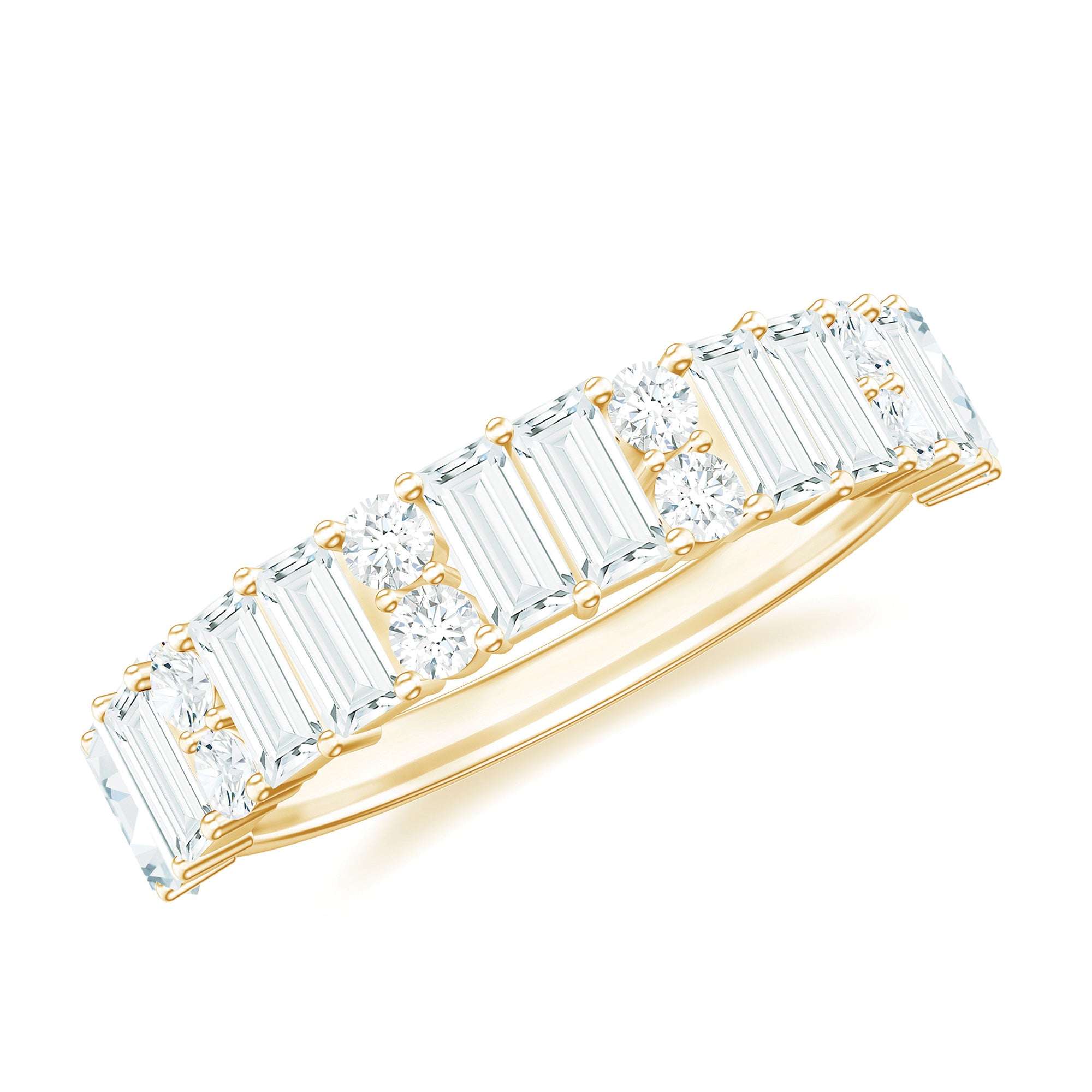Baguette and Round Moissanite Half Eternity Band Ring Moissanite - ( D-VS1 ) - Color and Clarity - Rosec Jewels