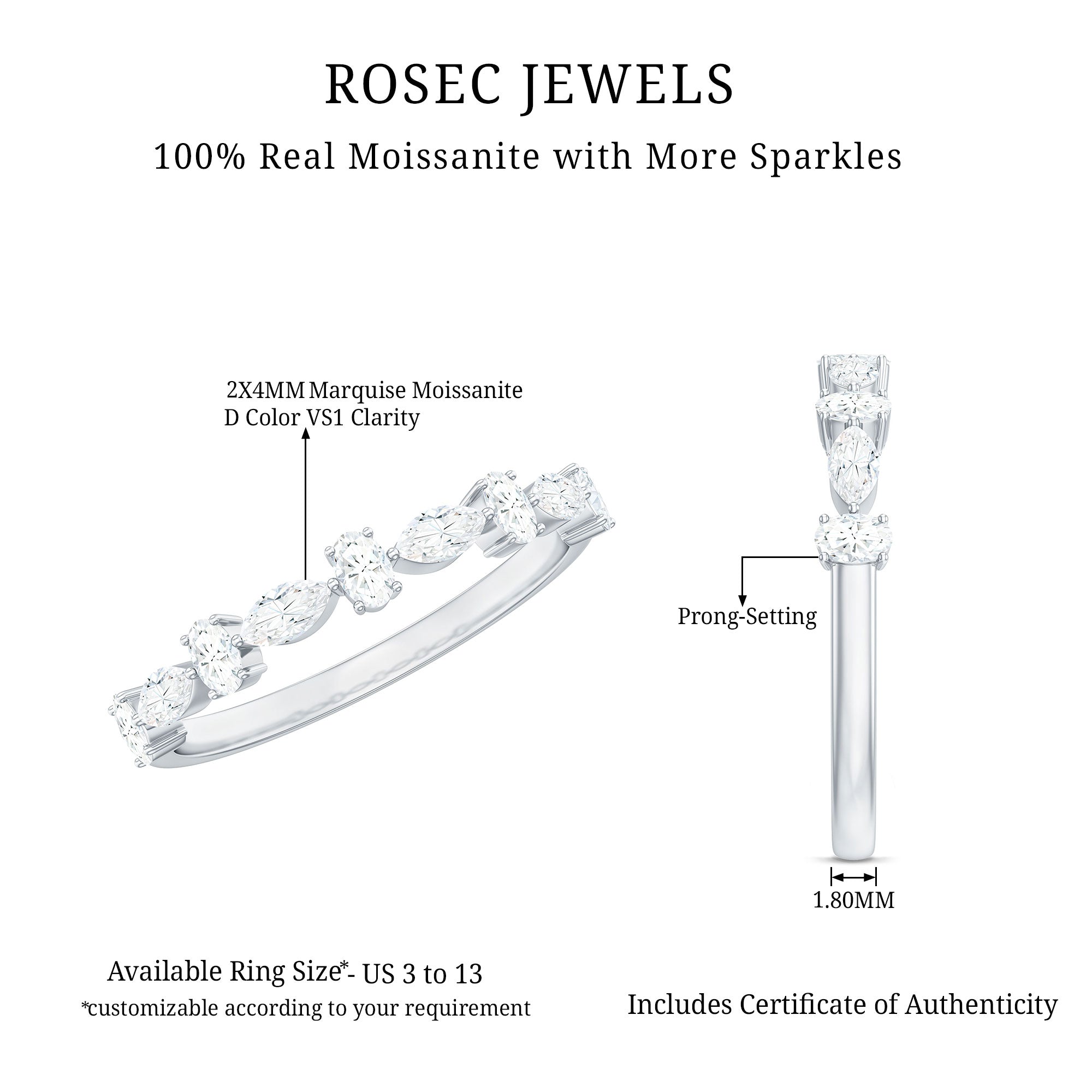 Marquise and Oval Shape Moissanite Half Eternity Ring D-VS1 - Rosec Jewels