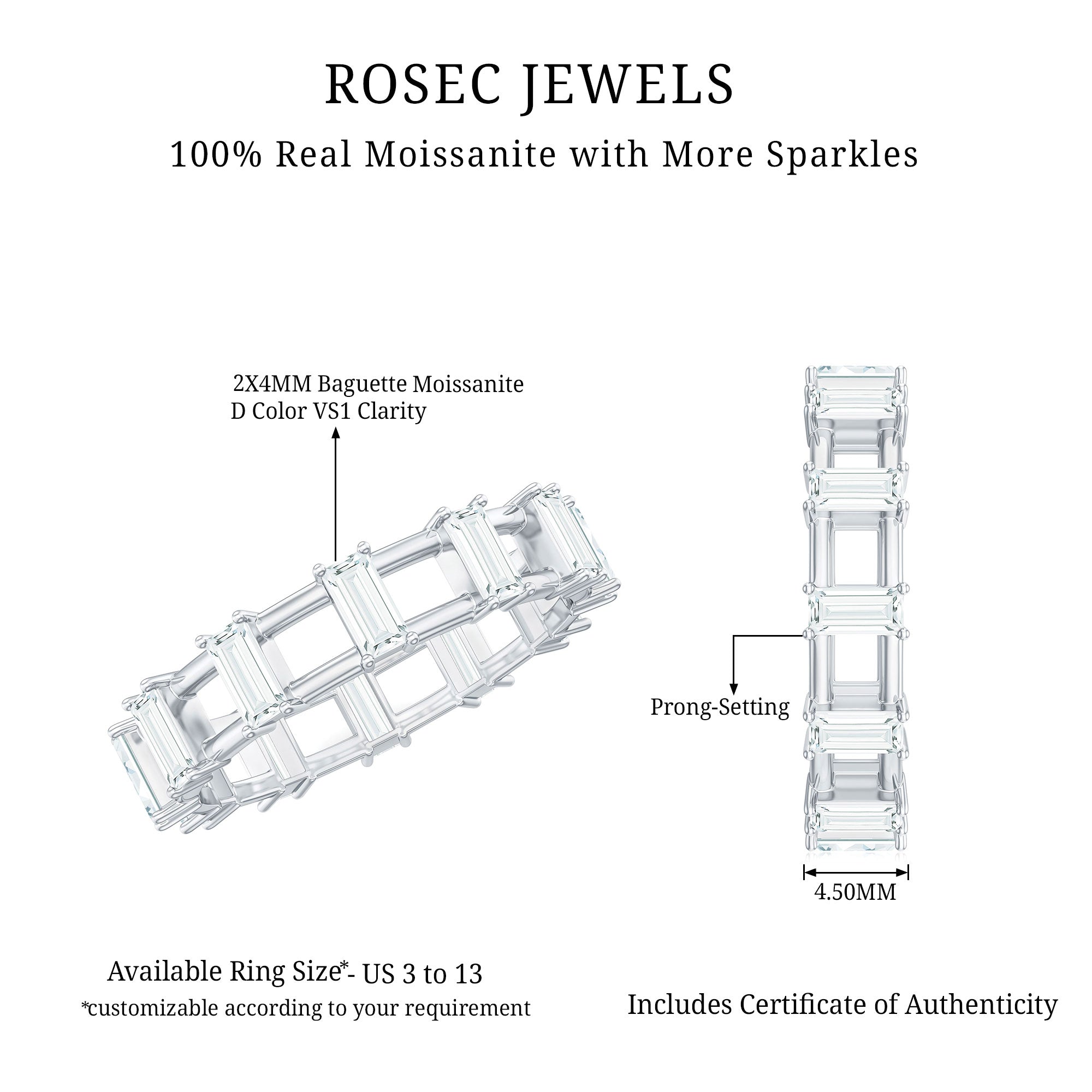 Rosec Jewels-Moissanite Baguette Wedding Band with Certificate