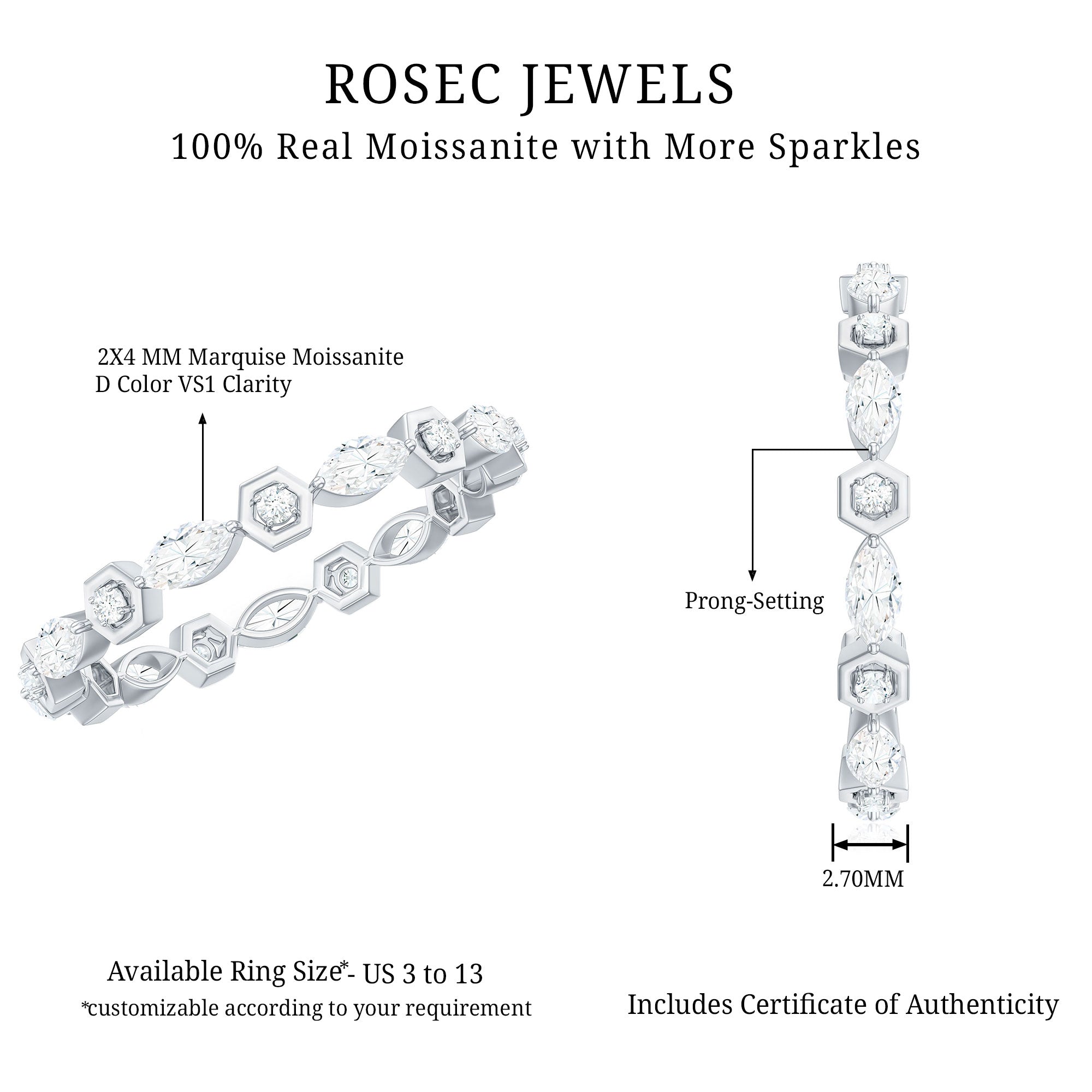 Certified Moissanite Contemporary Eternity Ring D-VS1 - Rosec Jewels