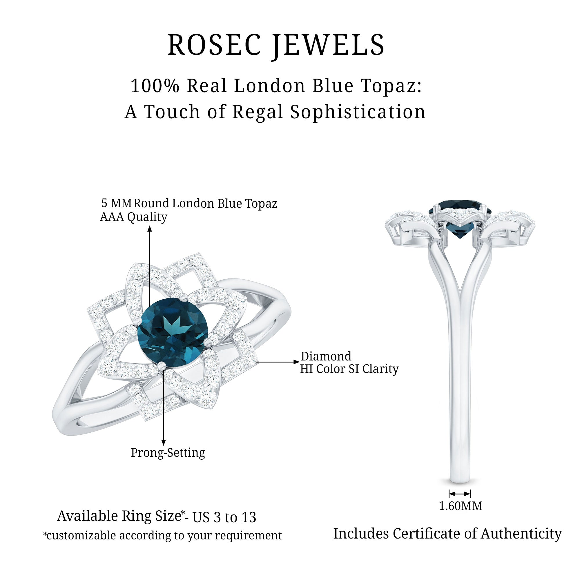 Flower Inspired London Blue Topaz and Diamond Engagement Ring AAA - Rosec Jewels