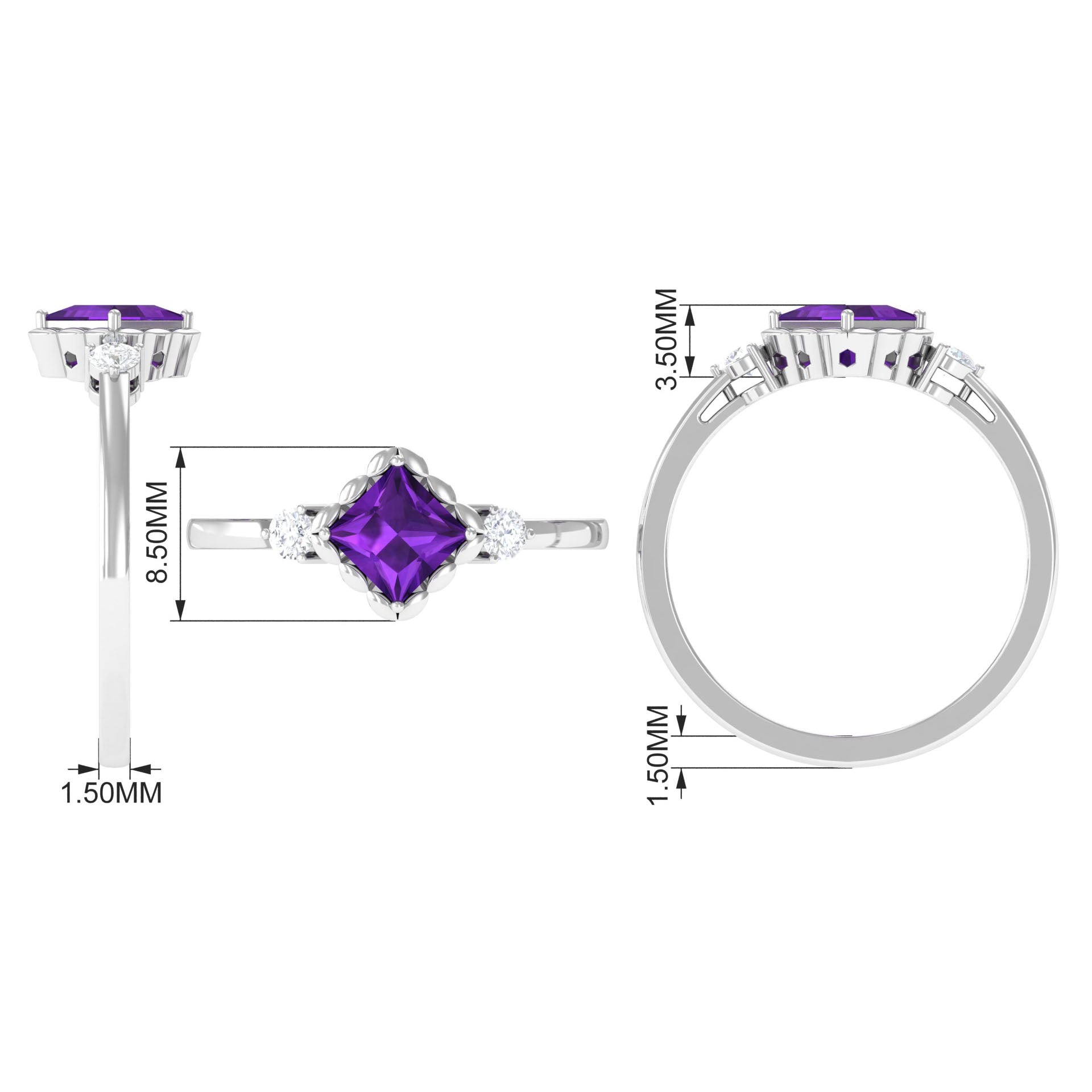 Rosec Jewels-Designer 1.2 Carat Princess Cut Amethyst Engagement Ring with Diamond