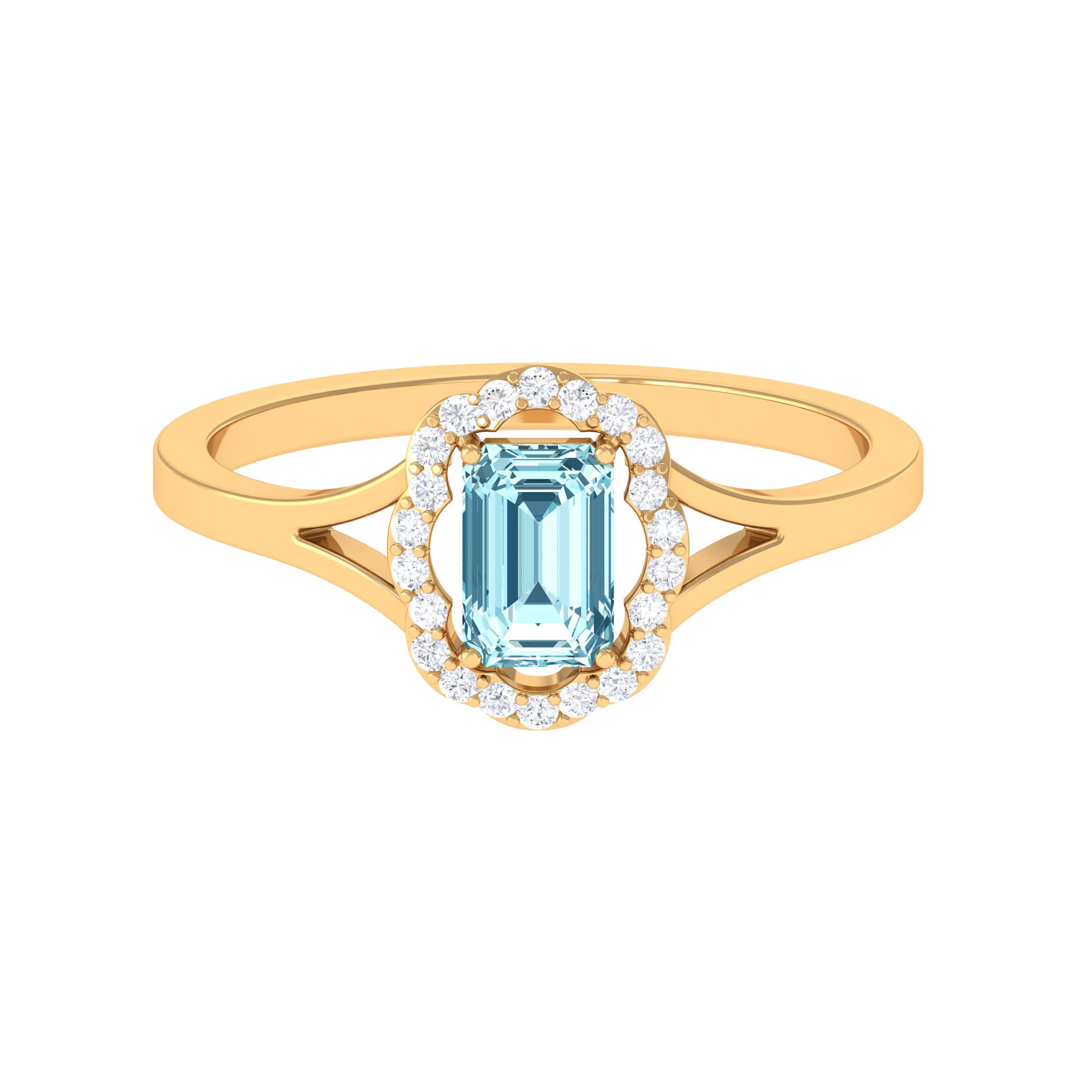 Rosec Jewels-Emerald Cut Aquamarine Engagement Ring with Diamond Floral Halo