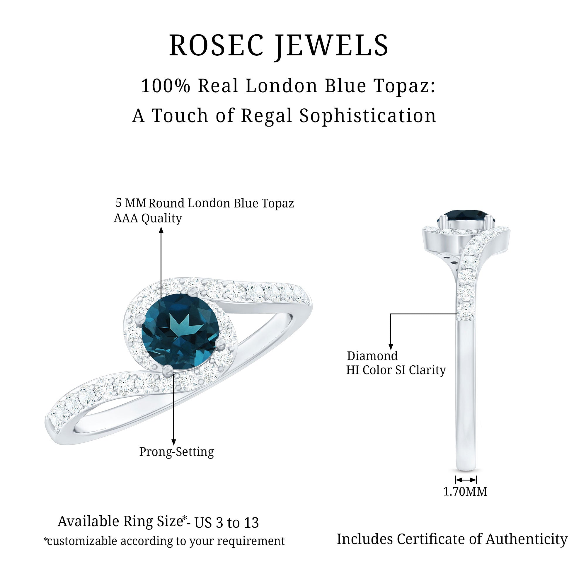 London Blue Topaz Bypass Promise Ring with Diamond Halo AAA - Rosec Jewels