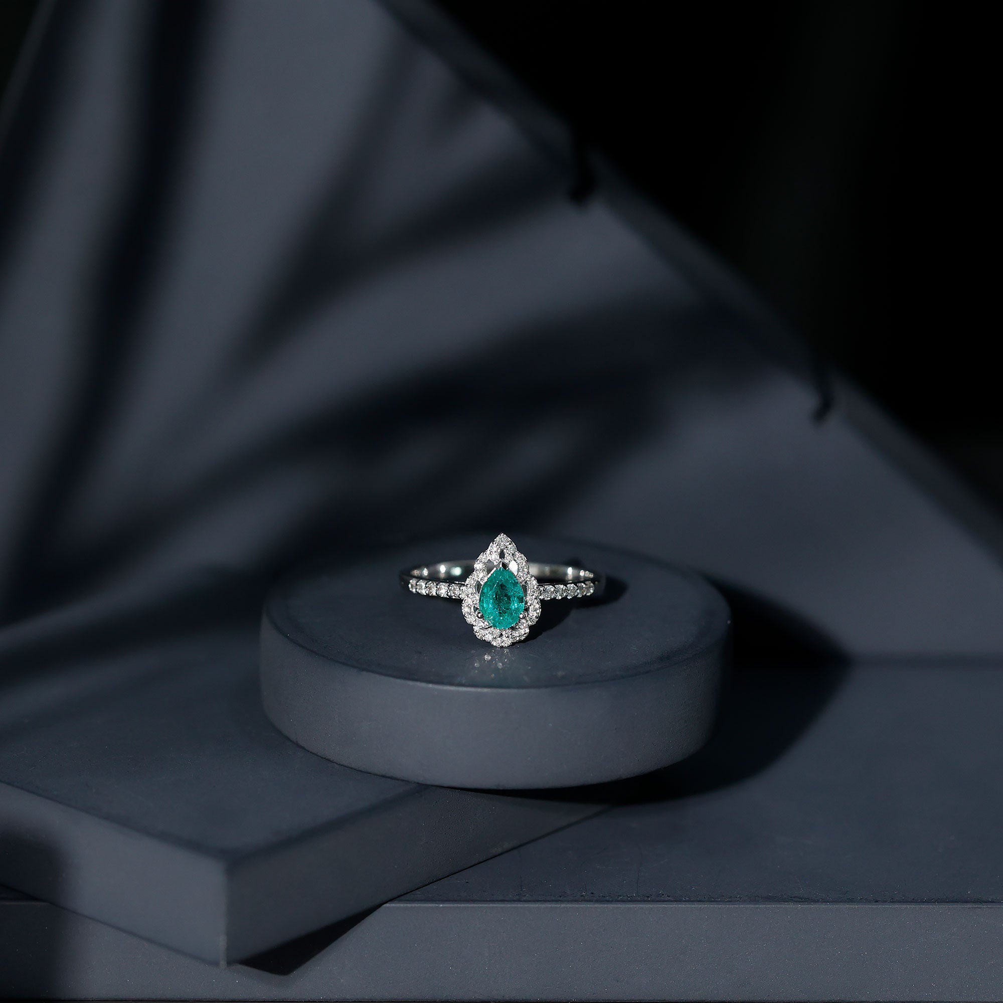Rosec Jewels-Pear Shaped Emerald Nature Engagement Ring with Diamond