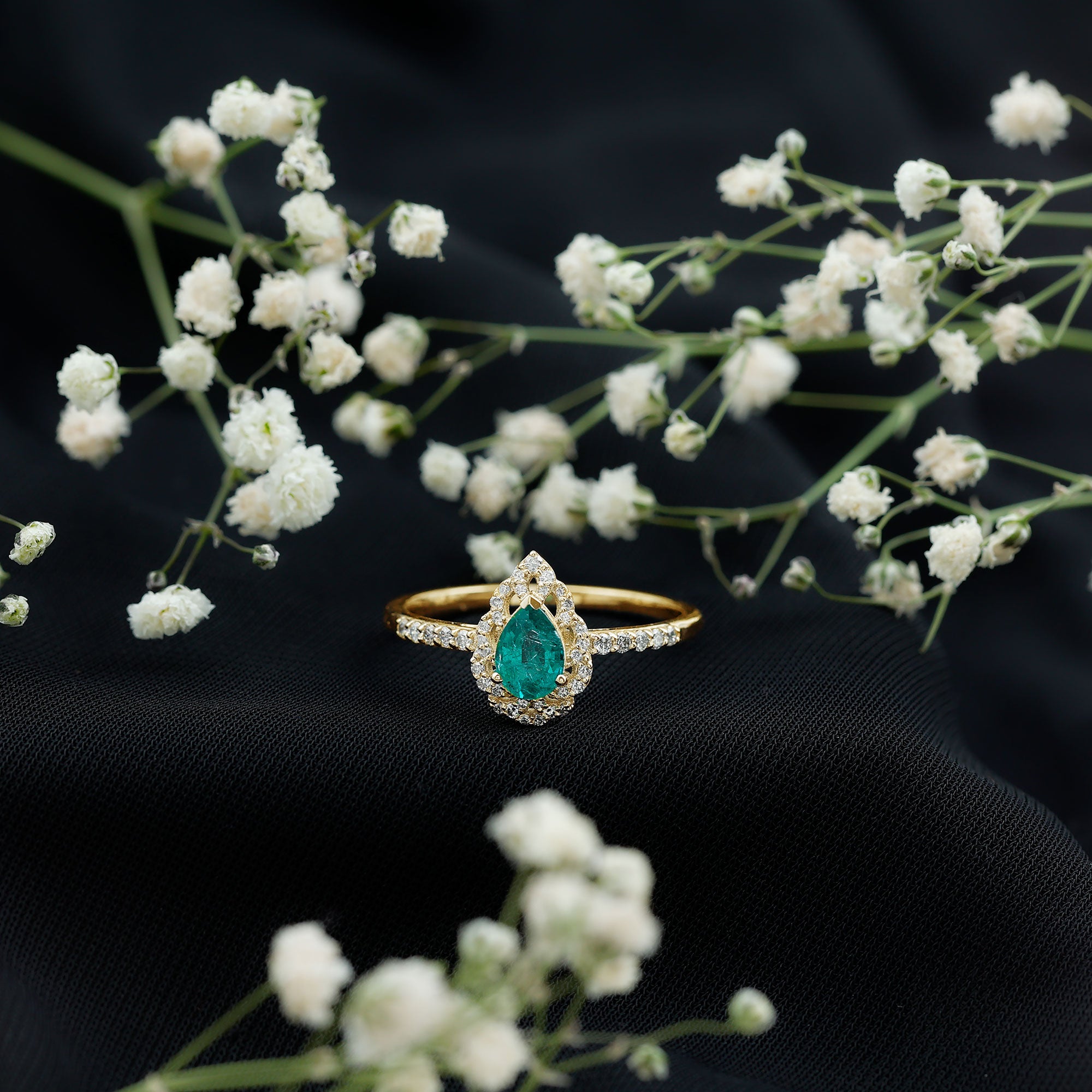 Rosec Jewels-Pear Shaped Emerald Nature Engagement Ring with Diamond
