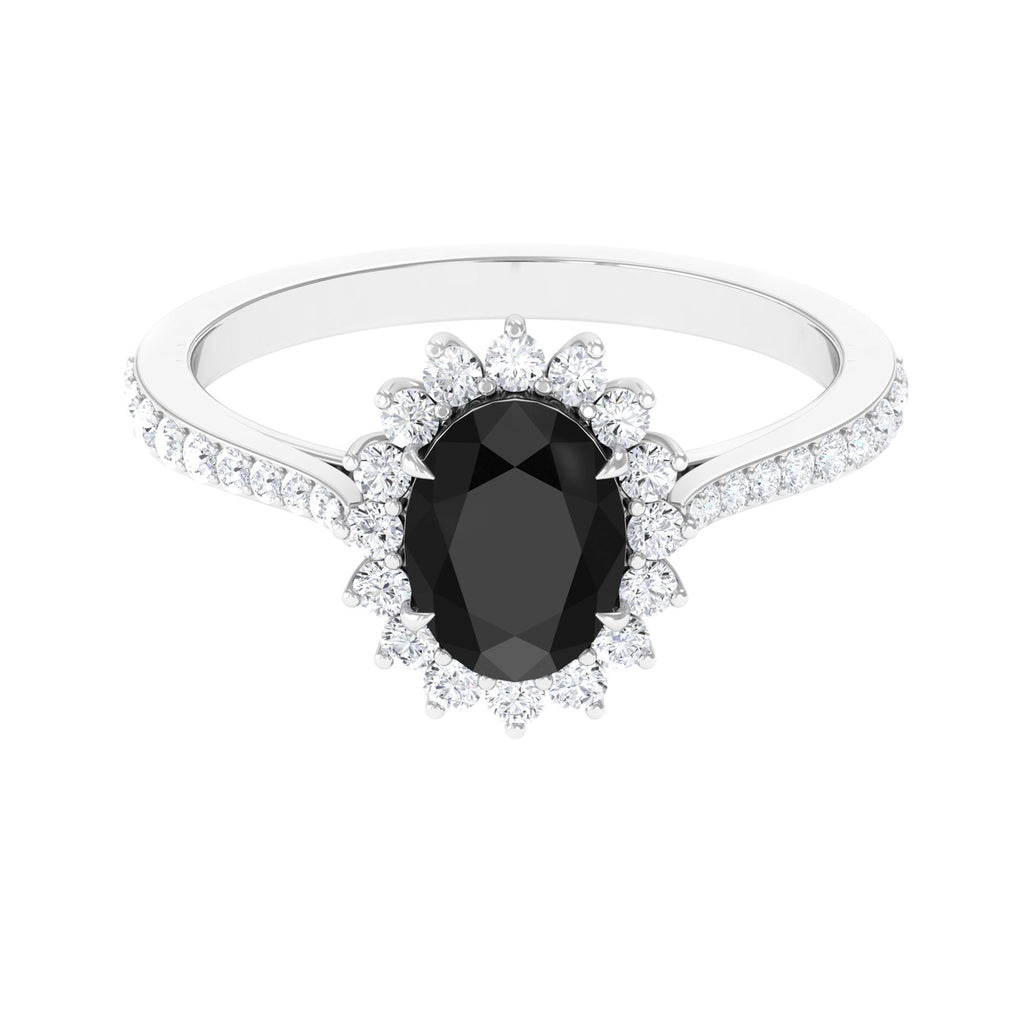 Oval Cut Lab Grown Black Diamond and Diamond Halo Engagement Ring Lab Created Black Diamond - ( AAAA ) - Quality - Rosec Jewels
