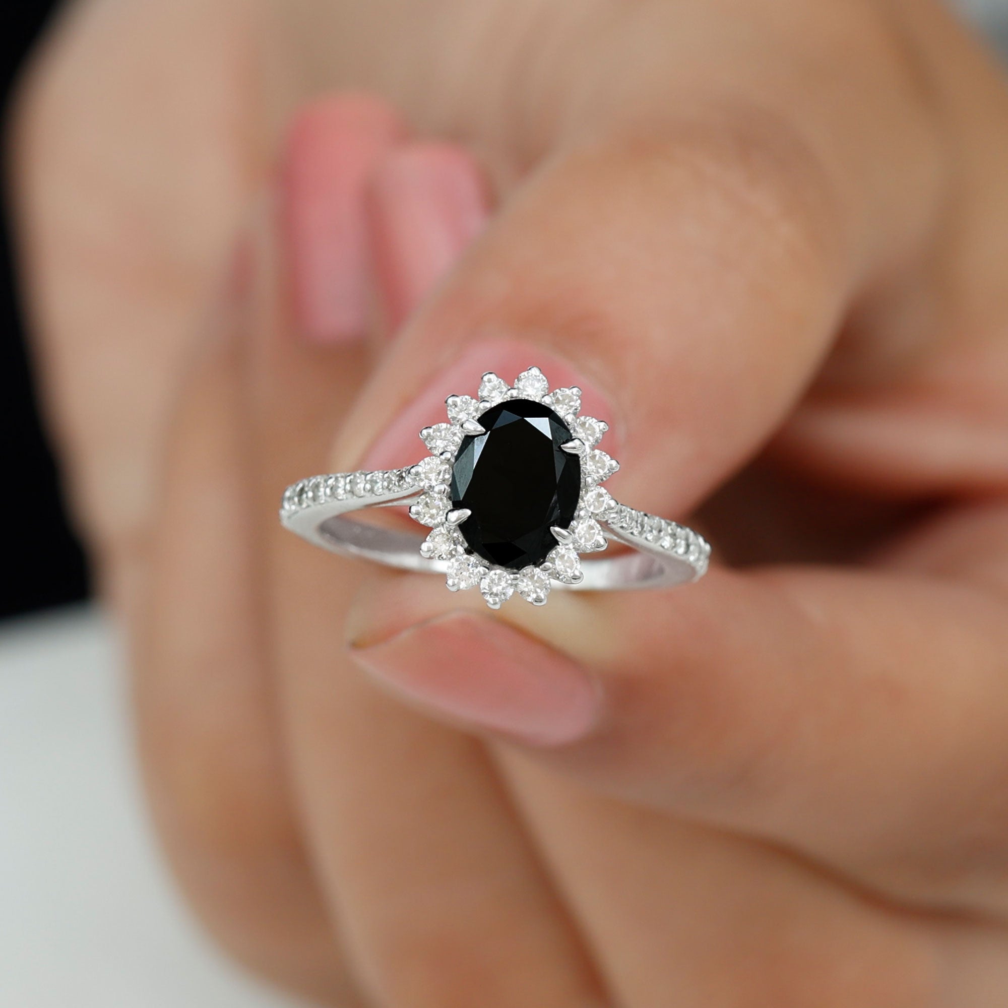 Oval Cut Lab Grown Black Diamond and Diamond Halo Engagement Ring Lab Created Black Diamond - ( AAAA ) - Quality - Rosec Jewels
