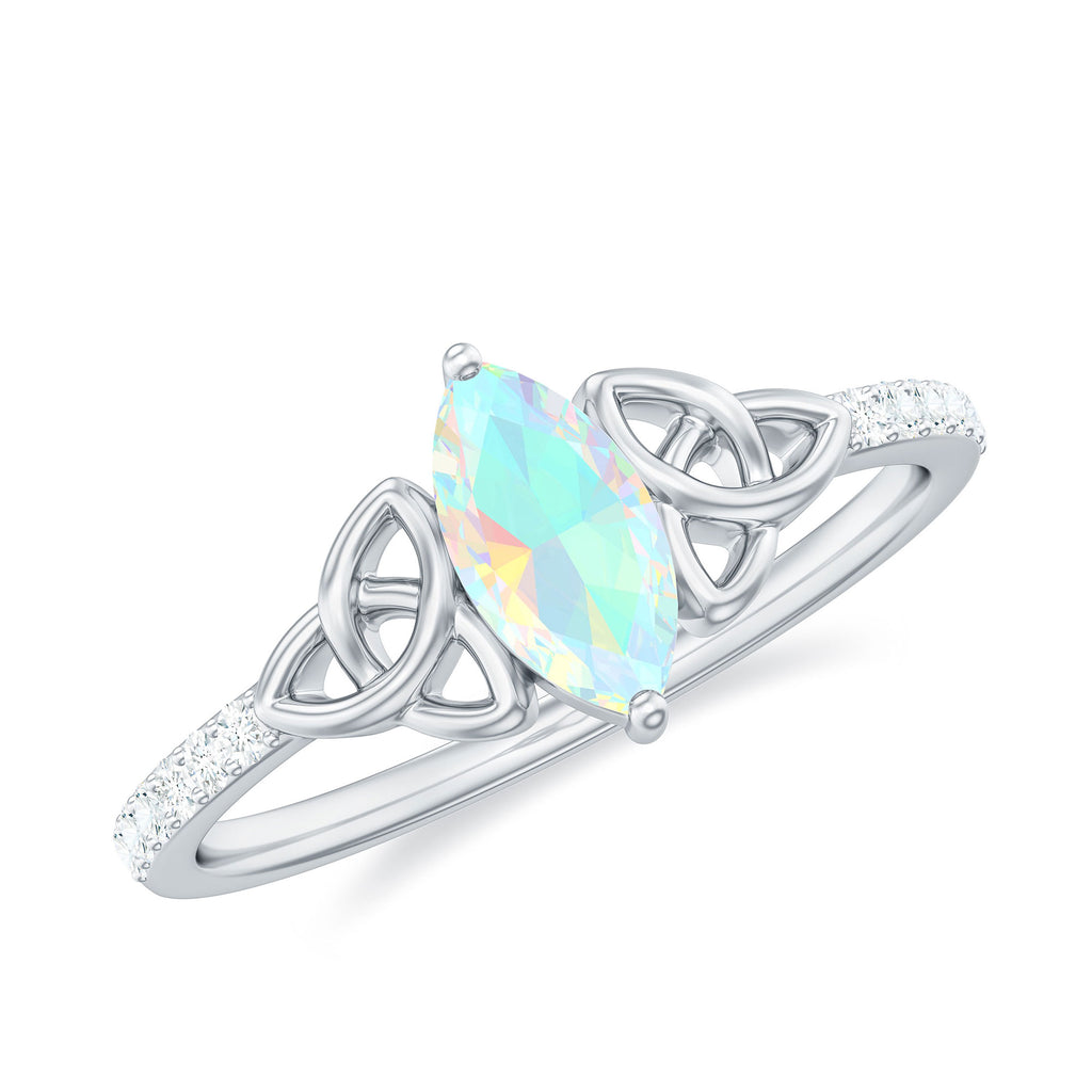 Rosec Jewels - Celtic Knot Solitaire Ring with Marquise Cut Ethiopian Opal and Moissanite in Silver