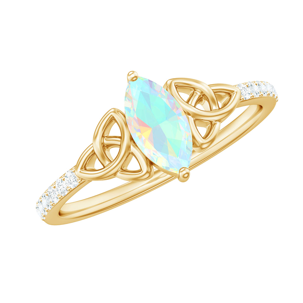 Gold Celtic Knot Solitaire Ring with Marquise Cut Ethiopian Opal and Moissanite Ethiopian Opal - ( AAA ) - Quality - Rosec Jewels