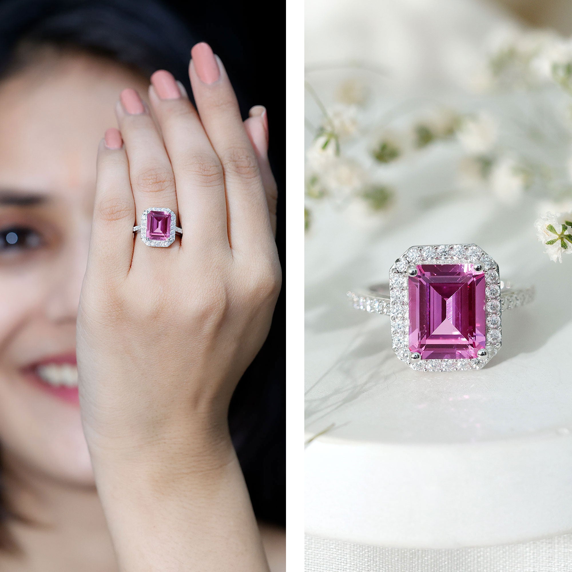Rosec Jewels-Certified 8X10mm Lab Grown Pink Sapphire Emerald Cut Engagement Ring with Halo
