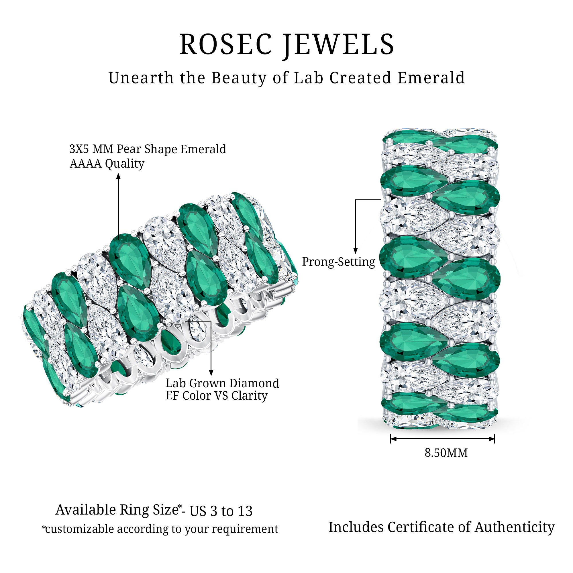 Vintage Style Lab Grown Emerald and Diamond Wide Eternity Band AAAA - Rosec Jewels