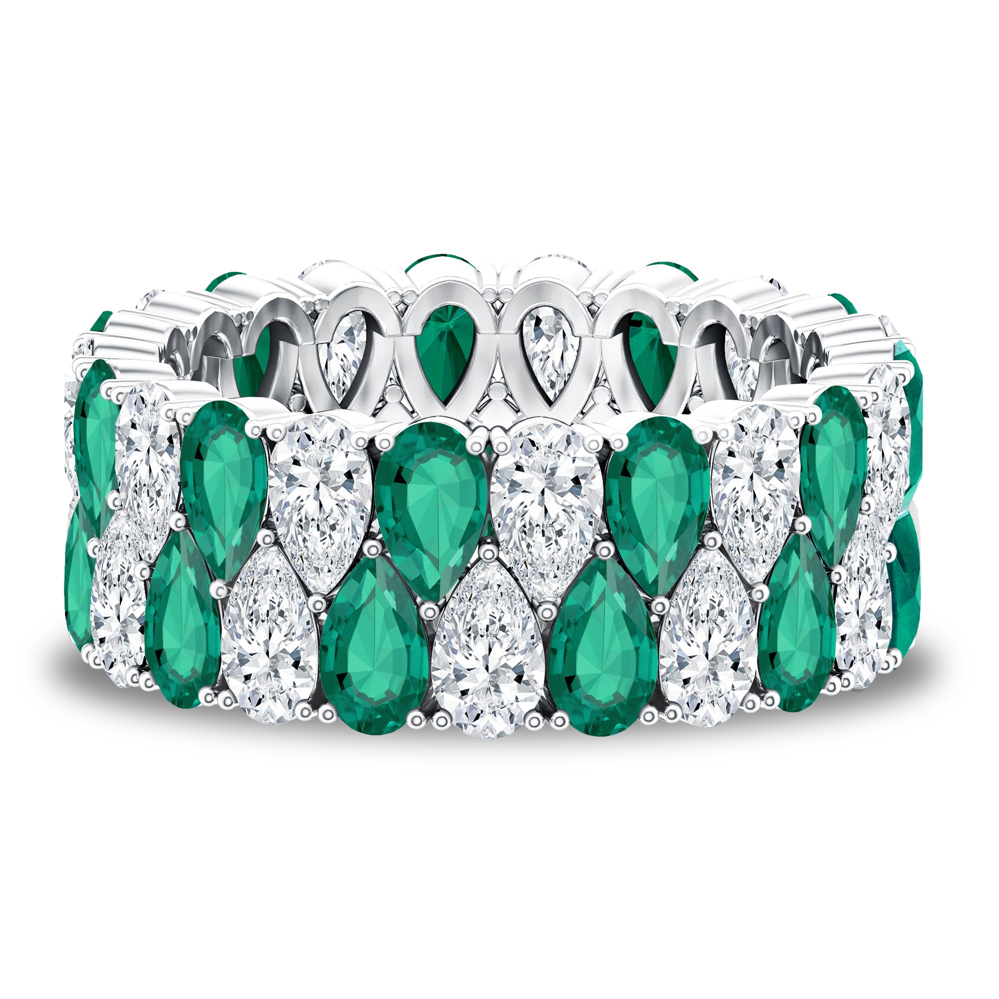 Vintage Style Lab Grown Emerald and Diamond Wide Eternity Band AAAA - Rosec Jewels