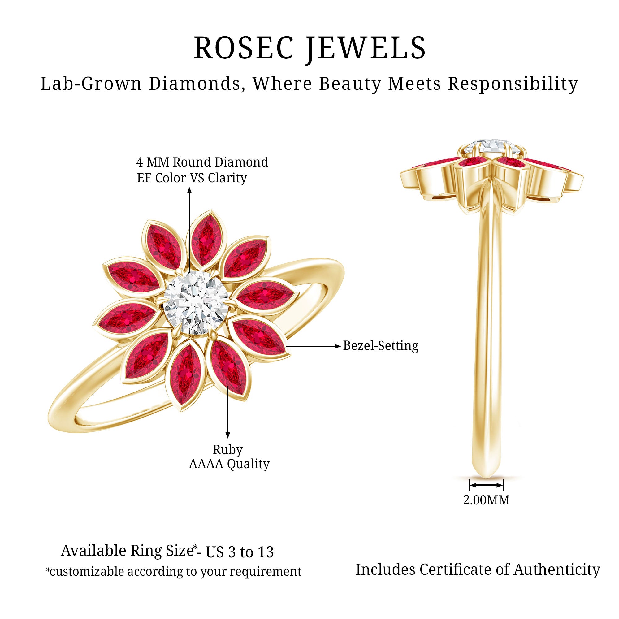 Lab Grown Diamond and Ruby Flower Cocktail Ring with Certificate Lab - ( EF-VS ) - Rosec Jewels