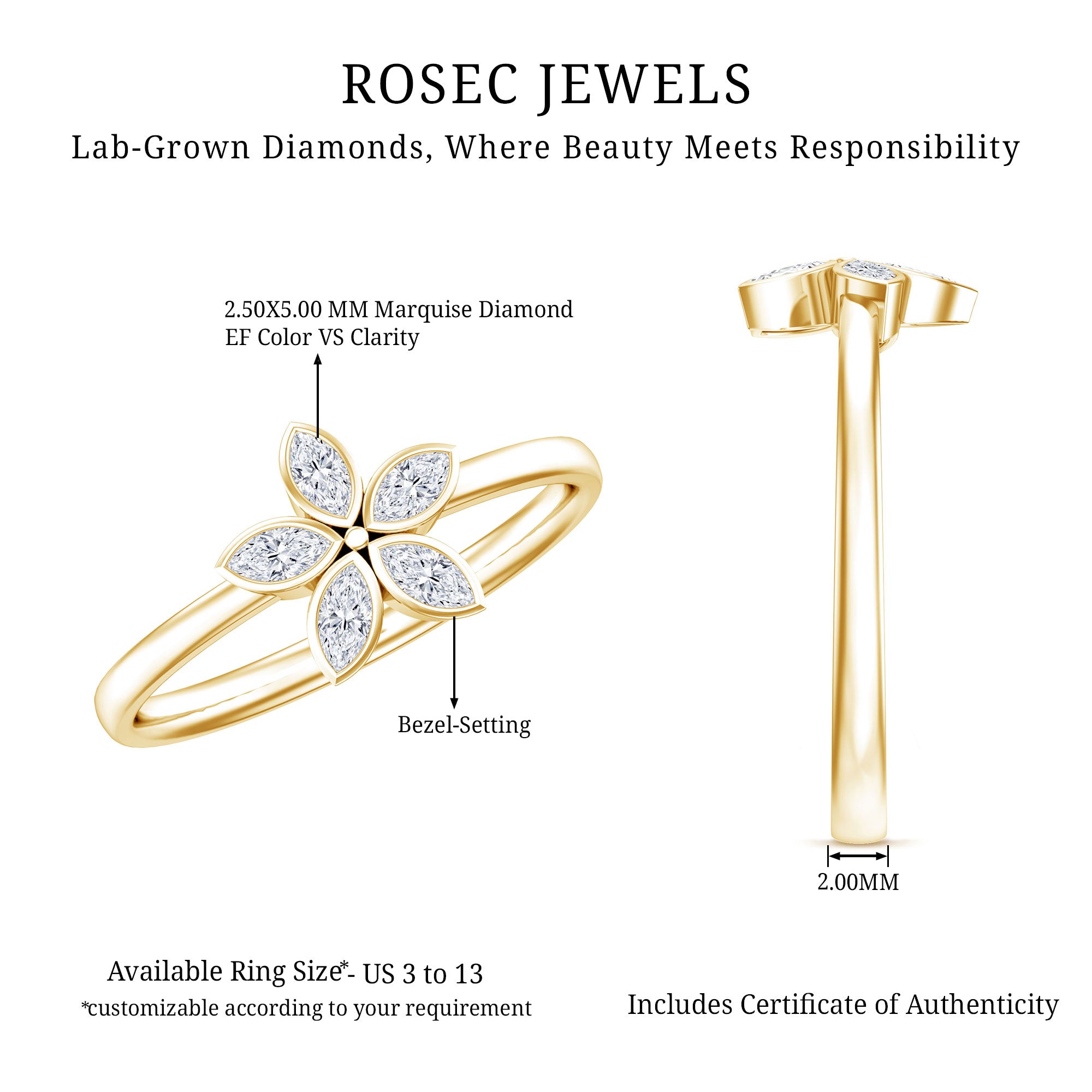 Marquise Cut Lab Grown Diamond Flower Promise Ring for Women Lab - ( EF-VS ) - Rosec Jewels