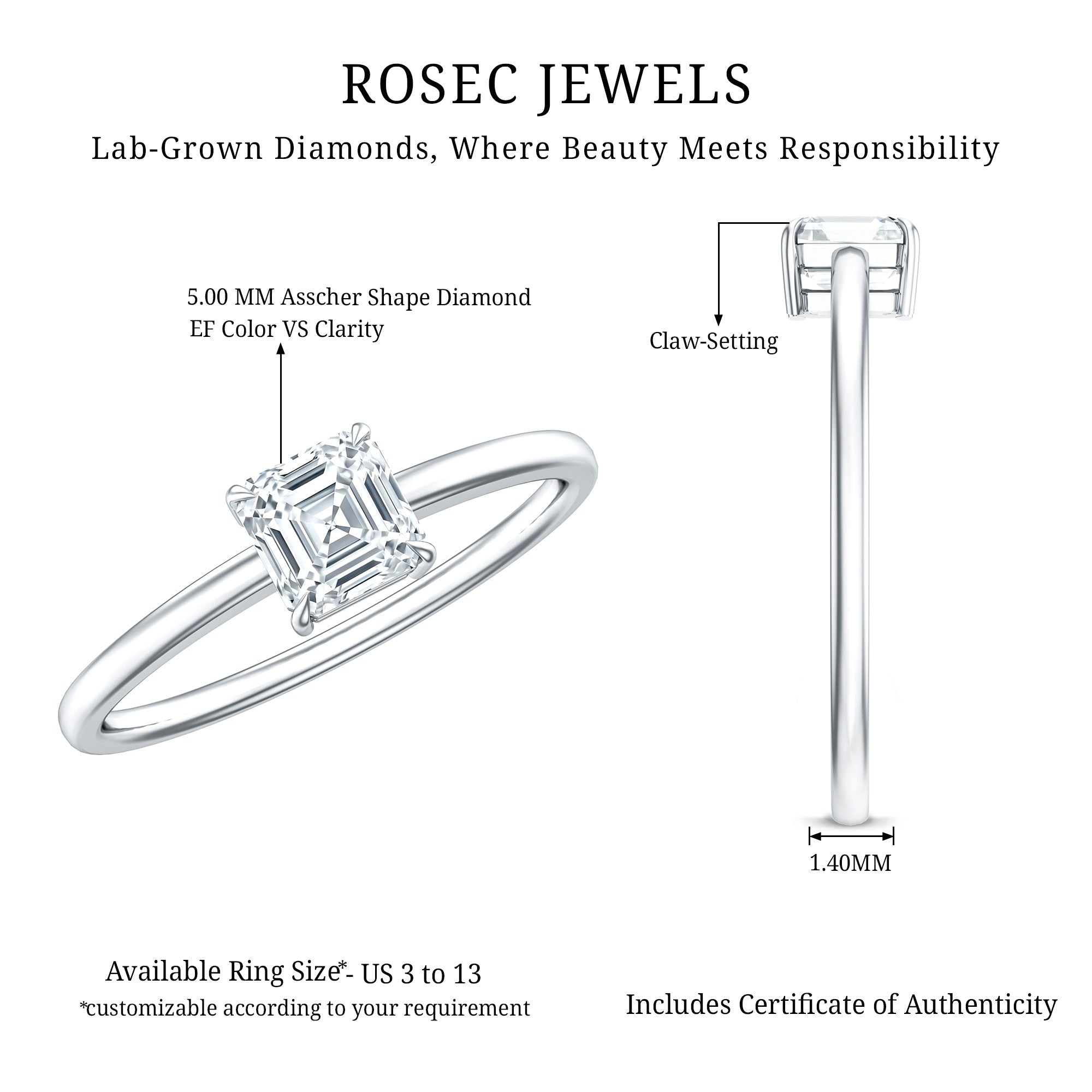 5MM Asscher Cut Lab Grown Diamond Solitaire Promise Ring Lab - ( EF-VS ) - Rosec Jewels