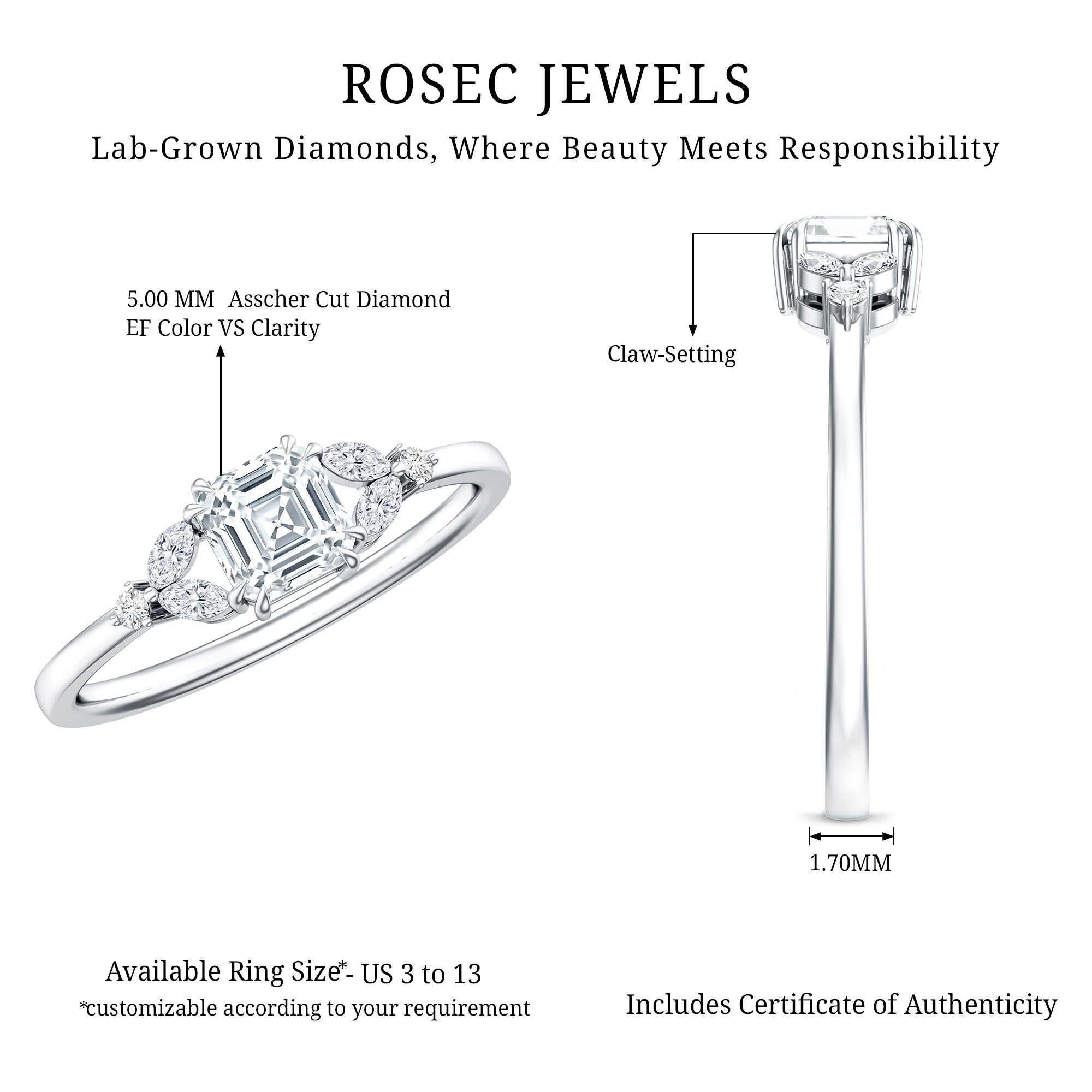 0.7 Carat Asscher Cut Lab Grown Diamond Engagement Ring for Women Lab - ( EF-VS ) - Rosec Jewels