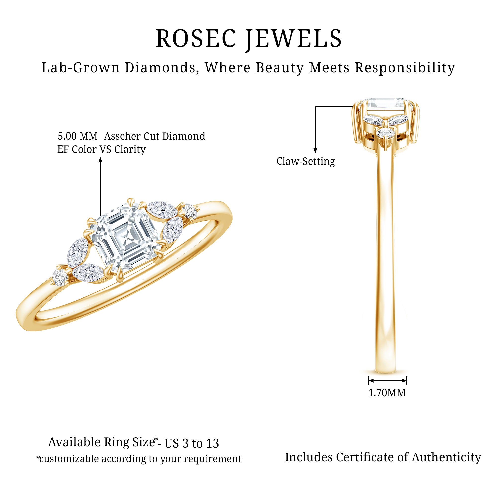 0.7 Carat Asscher Cut Lab Grown Diamond Engagement Ring for Women Lab - ( EF-VS ) - Rosec Jewels