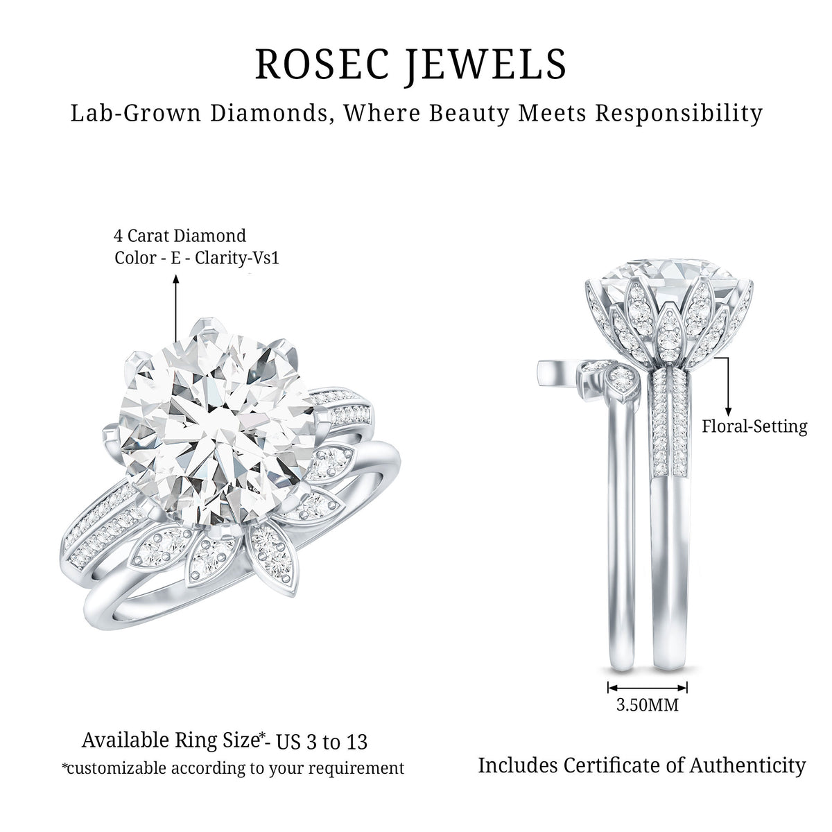 Floral Inspired Lab Grown 4 Carat Diamond Wedding Ring Set IGI Certified Lab - ( E-VS1 ) - Rosec Jewels