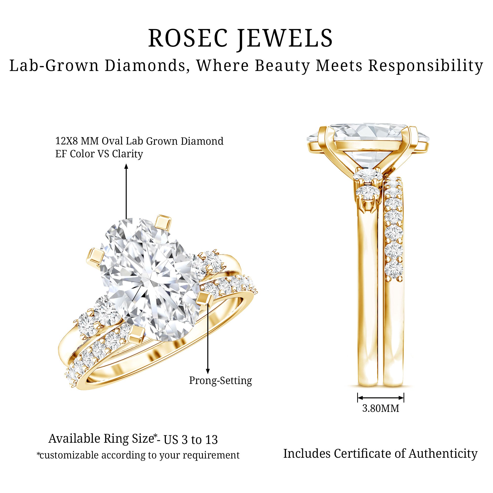 IGI Certified 3 Carat Oval Lab Grown Diamond Marriage Ring Set for Women Lab - ( EF-VS ) - Rosec Jewels