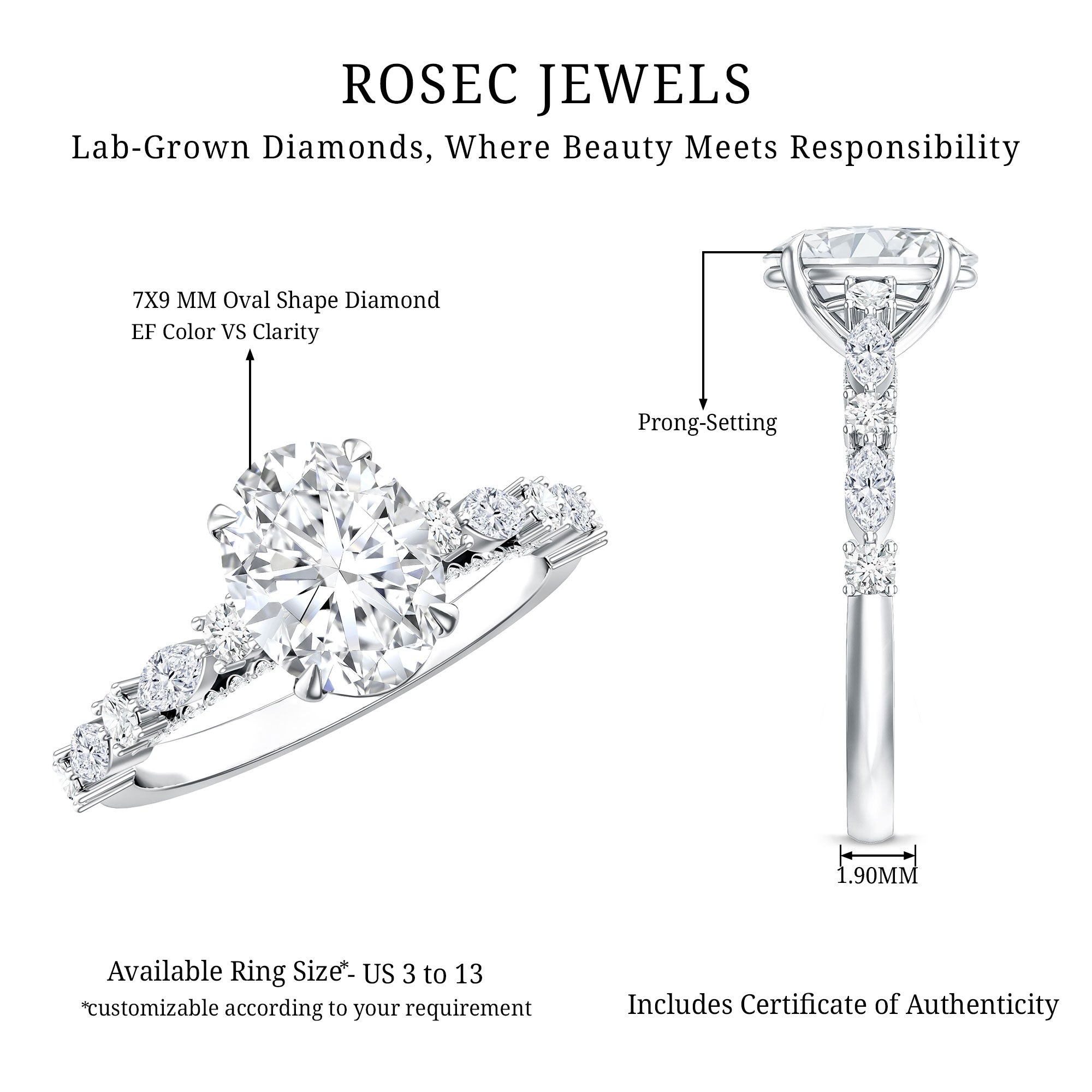 2 Carat Oval Lab Grown Diamond Engagement Ring with IGI Certificate Lab - ( EF-VS ) - Rosec Jewels