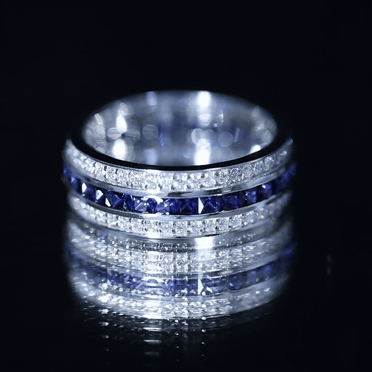 Certified Lab Grown Blue Sapphire 3 Row Wedding Band AAAA - Rosec Jewels