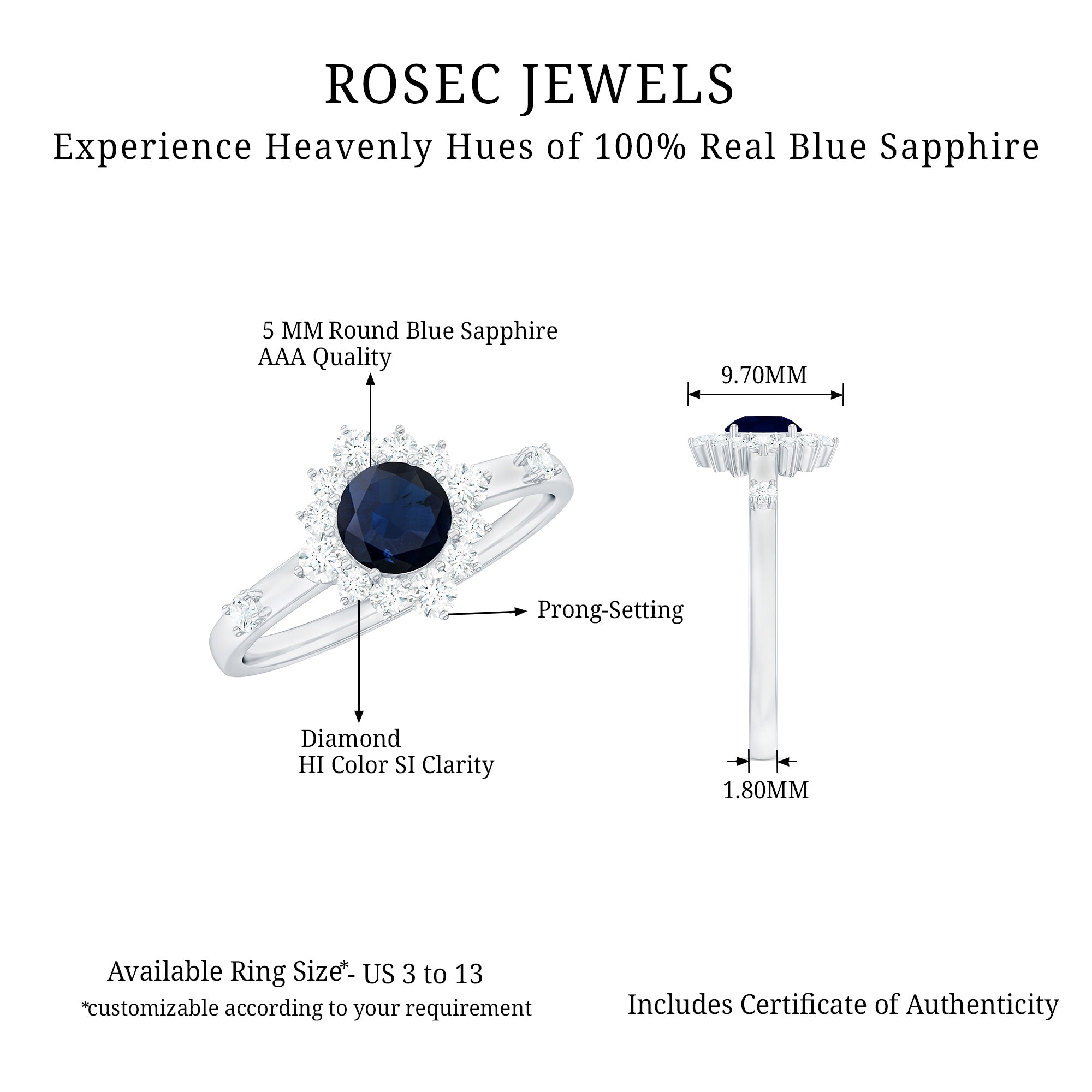 Rosec Jewels-Natural 0.9 Carat Blue Sapphire Engagement Ring with Diamond Halo