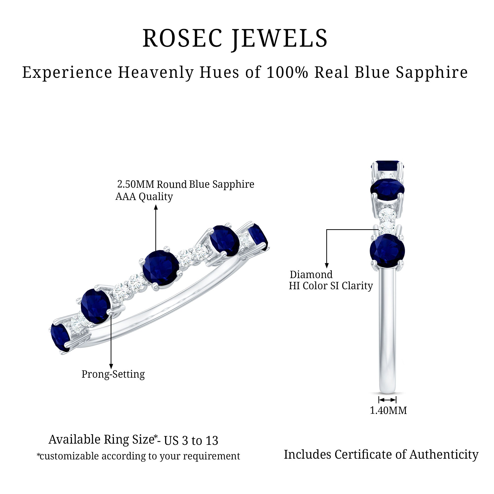 Rosec Jewels-Round Blue Sapphire and Diamond Half Eternity Ring