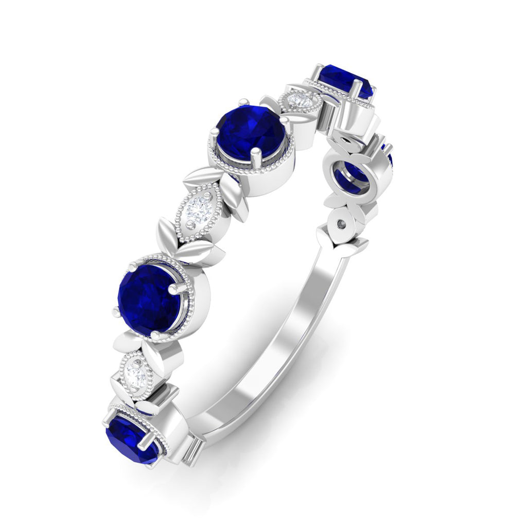 1 CT Floral Inspired Blue Sapphire and Diamond Half Eternity Ring Blue Sapphire - ( AAA ) - Quality - Rosec Jewels